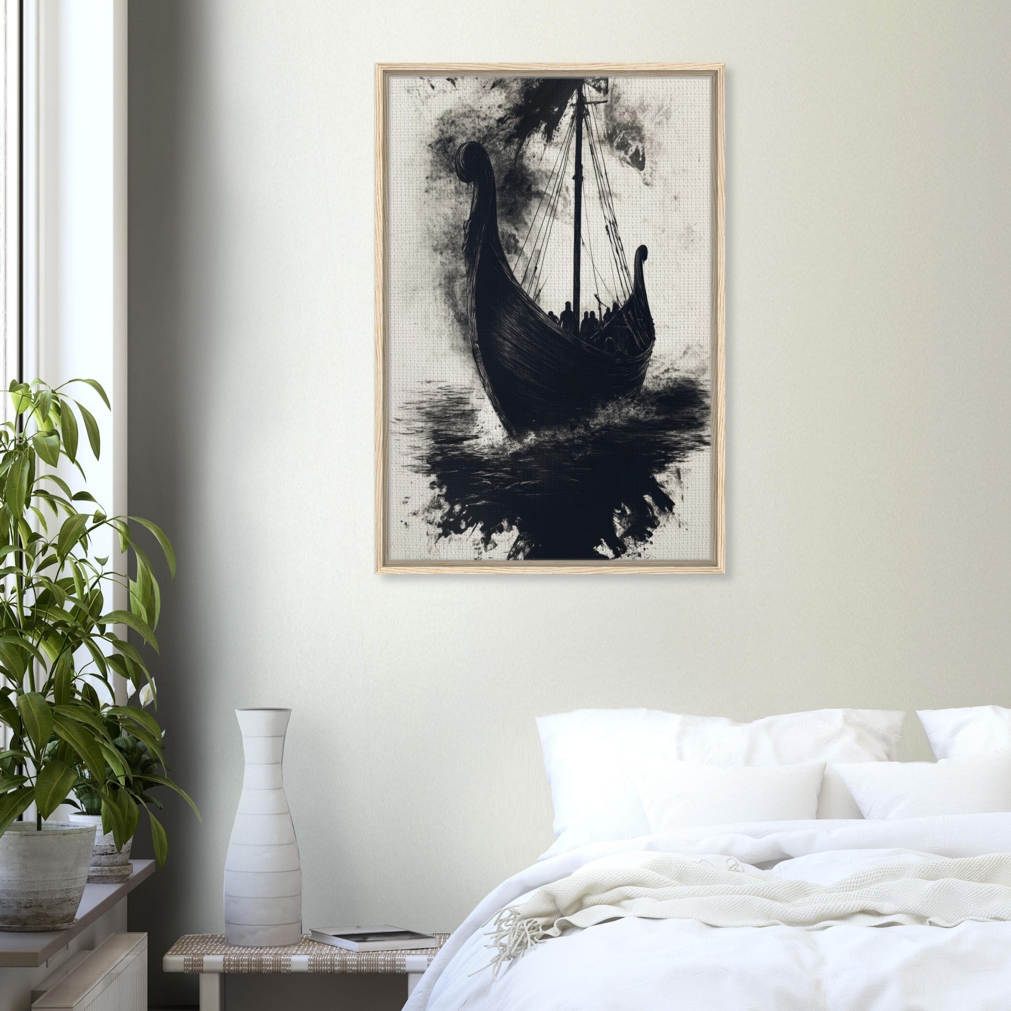 Framed Canvas Portrait - The Ghostly Viking Longship Dark Nordic Ink Met 5 - Shop Ai Art WebShop - Digital Art online Store