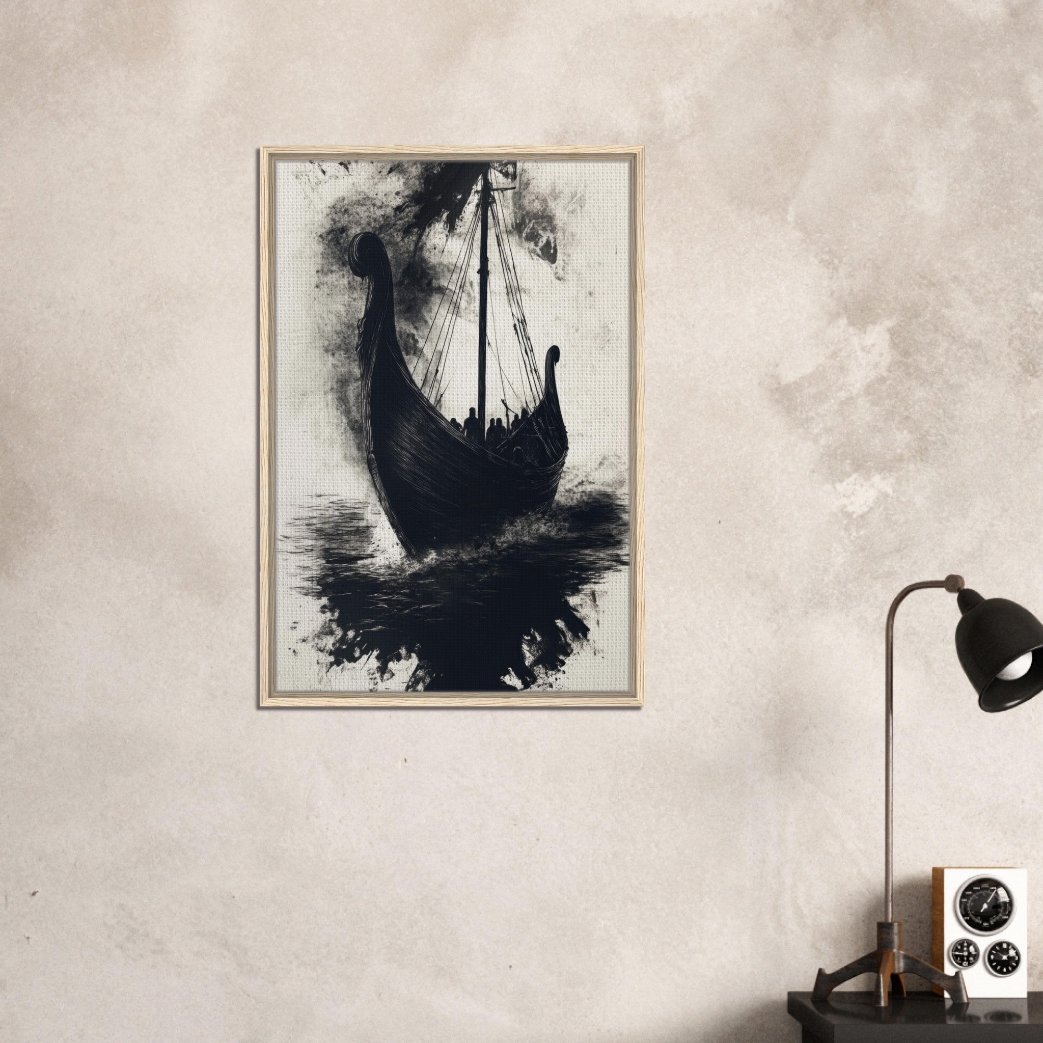 Framed Canvas Portrait - The Ghostly Viking Longship Dark Nordic Ink Met 5 - Shop Ai Art WebShop - Digital Art online Store