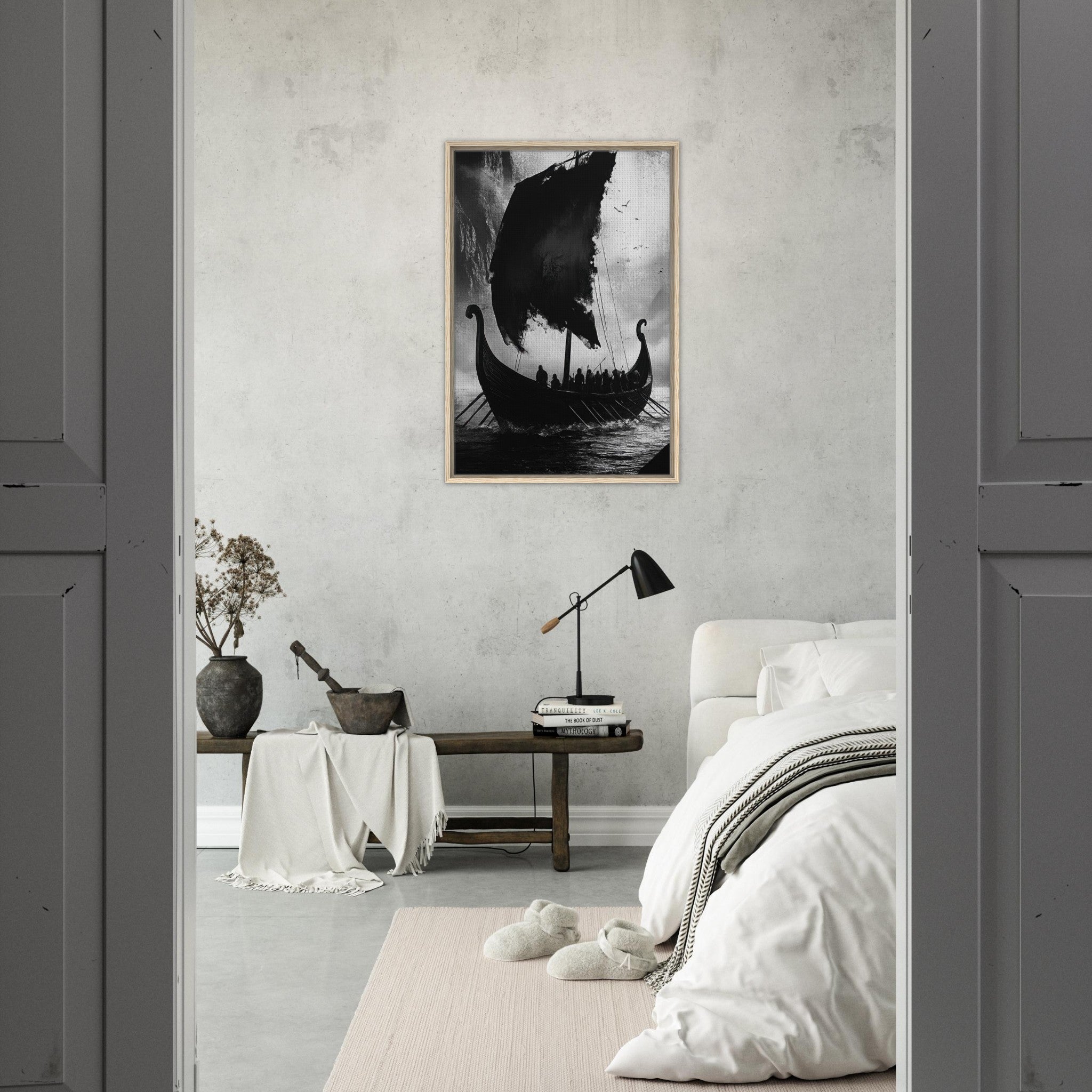 Framed Canvas Portrait - The Ghostly Viking Longship Dark Nordic Ink Met - Shop Ai Art WebShop - Digital Art online Store