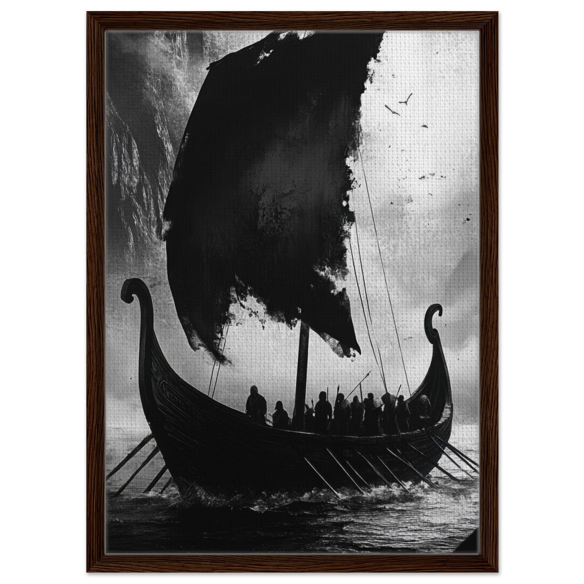 Framed Canvas Portrait - The Ghostly Viking Longship Dark Nordic Ink Met - Shop Ai Art WebShop - Digital Art online Store