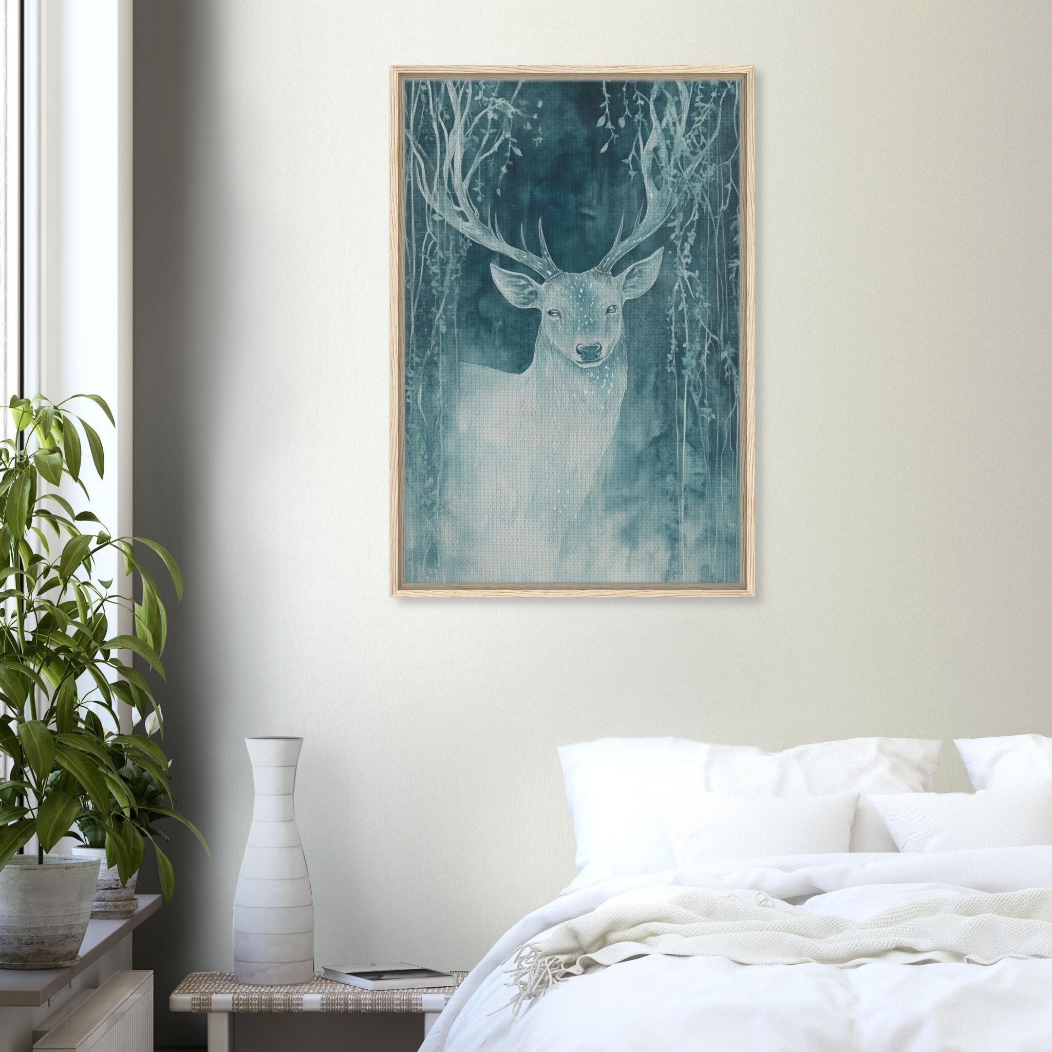 Framed Canvas Portrait - The Silver Stag of the Enchanted Glade Fantasy 3 - Shop Ai Art WebShop - Digital Art online Store