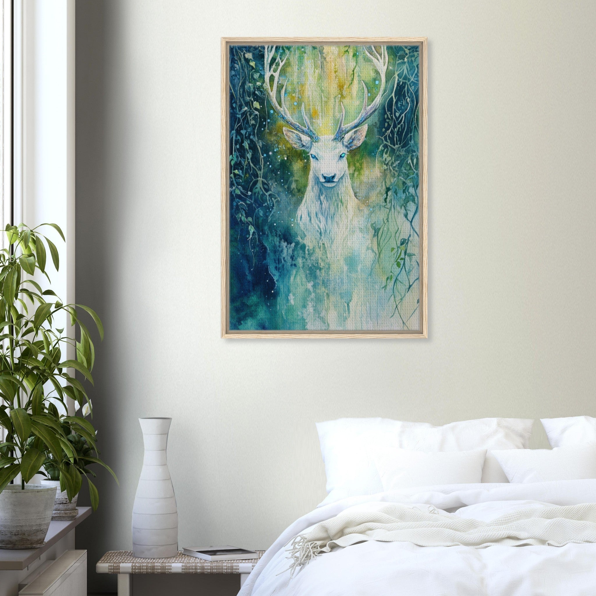 Framed Canvas Portrait - The Silver Stag of the Enchanted Glade Fantasy 4 - Shop Ai Art WebShop - Digital Art online Store
