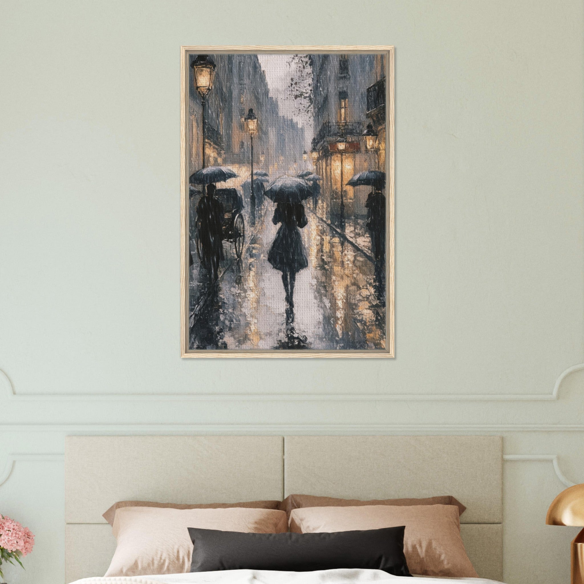 Framed Canvas Portrait - Urban Rain Scene A rainy Parisian street in the 3 - Shop Ai Art WebShop - Digital Art online Store