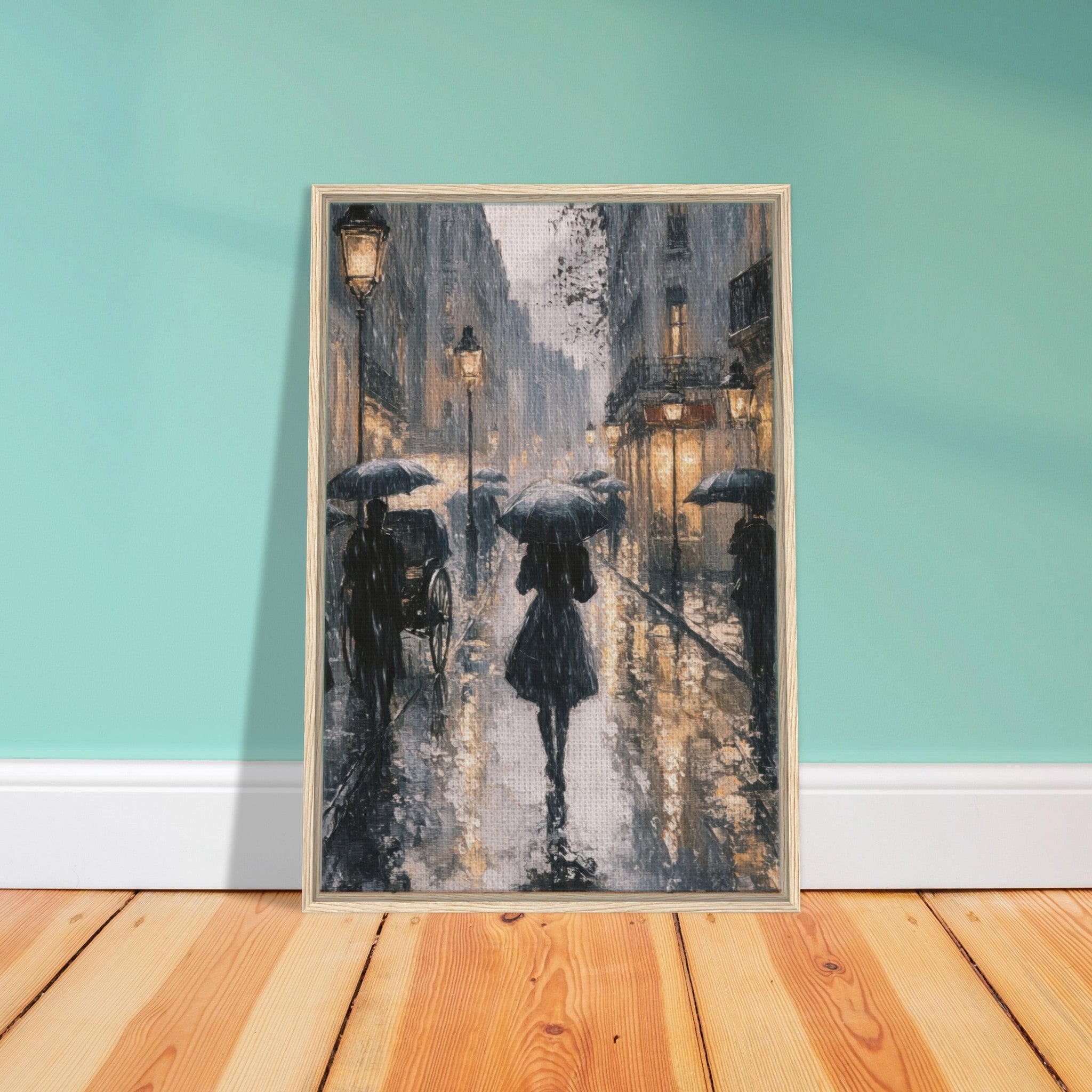 Framed Canvas Portrait - Urban Rain Scene A rainy Parisian street in the 3 - Shop Ai Art WebShop - Digital Art online Store