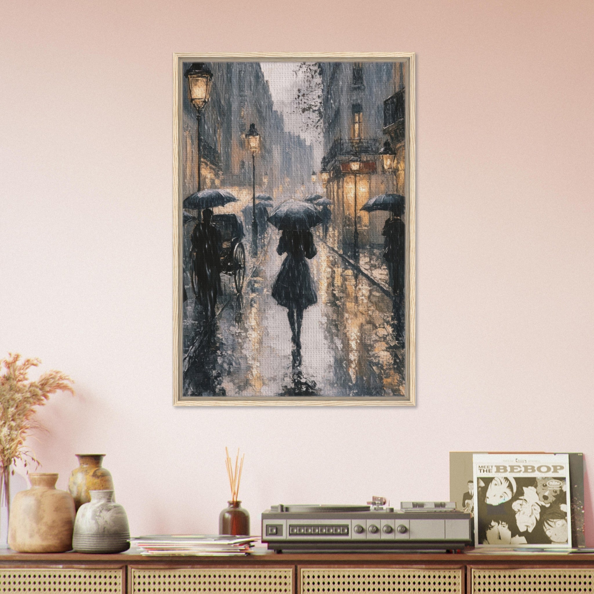 Framed Canvas Portrait - Urban Rain Scene A rainy Parisian street in the 3 - Shop Ai Art WebShop - Digital Art online Store