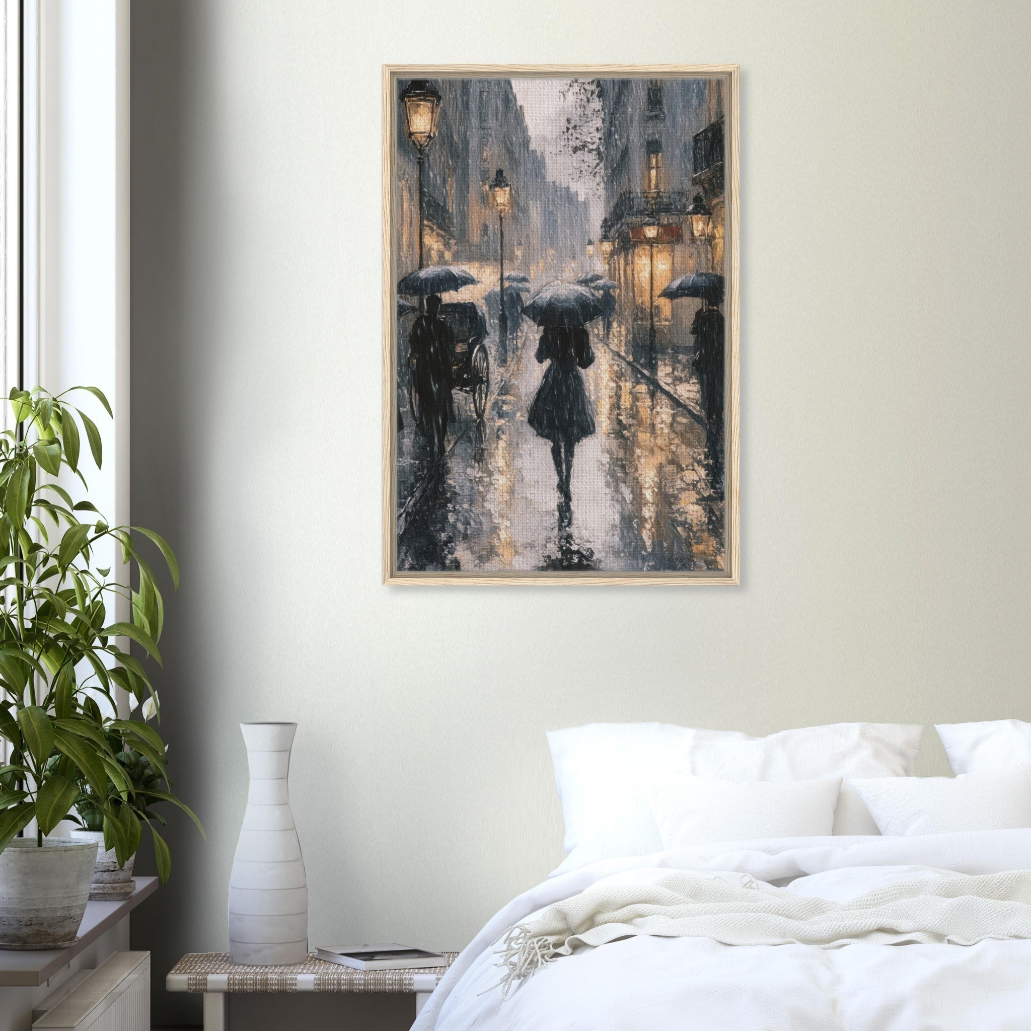 Framed Canvas Portrait - Urban Rain Scene A rainy Parisian street in the 3 - Shop Ai Art WebShop - Digital Art online Store