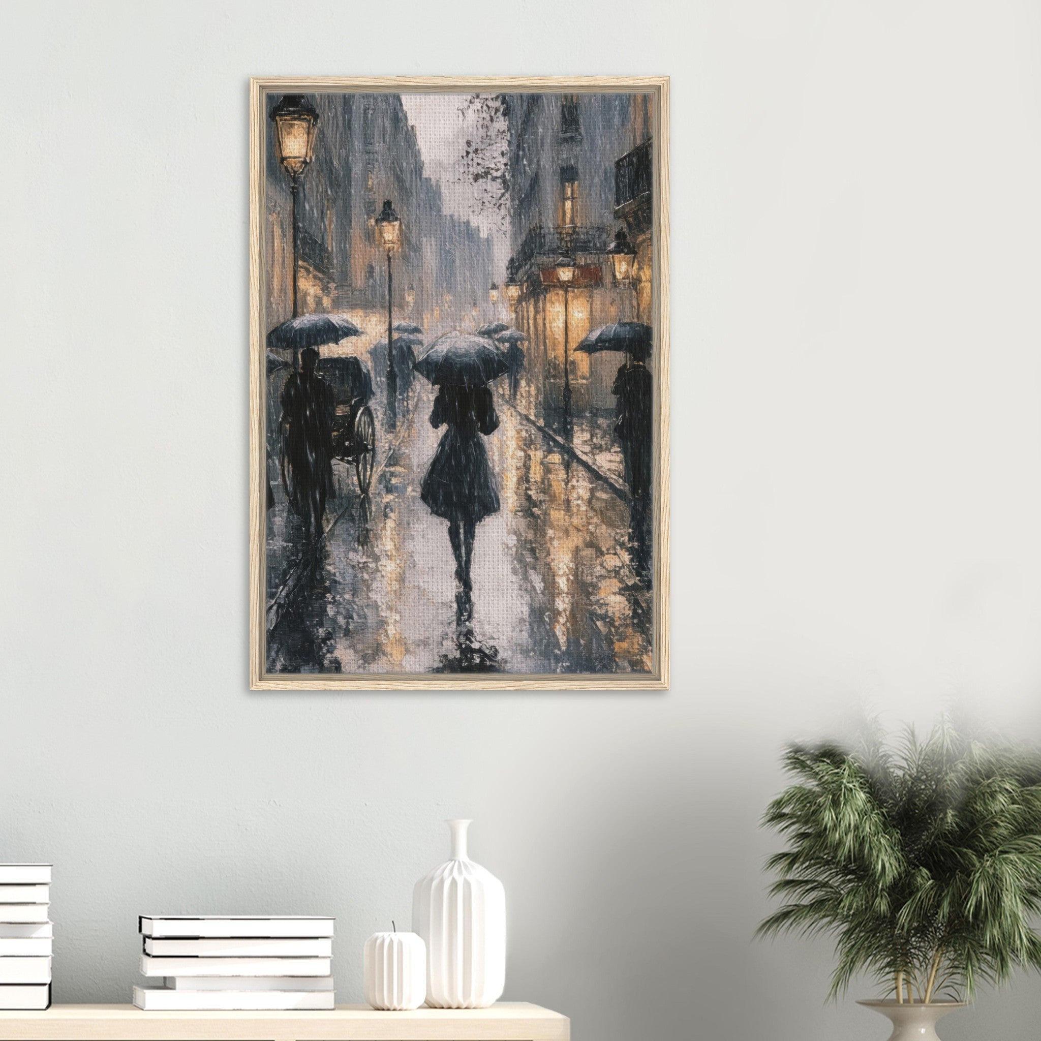 Framed Canvas Portrait - Urban Rain Scene A rainy Parisian street in the 3 - Shop Ai Art WebShop - Digital Art online Store