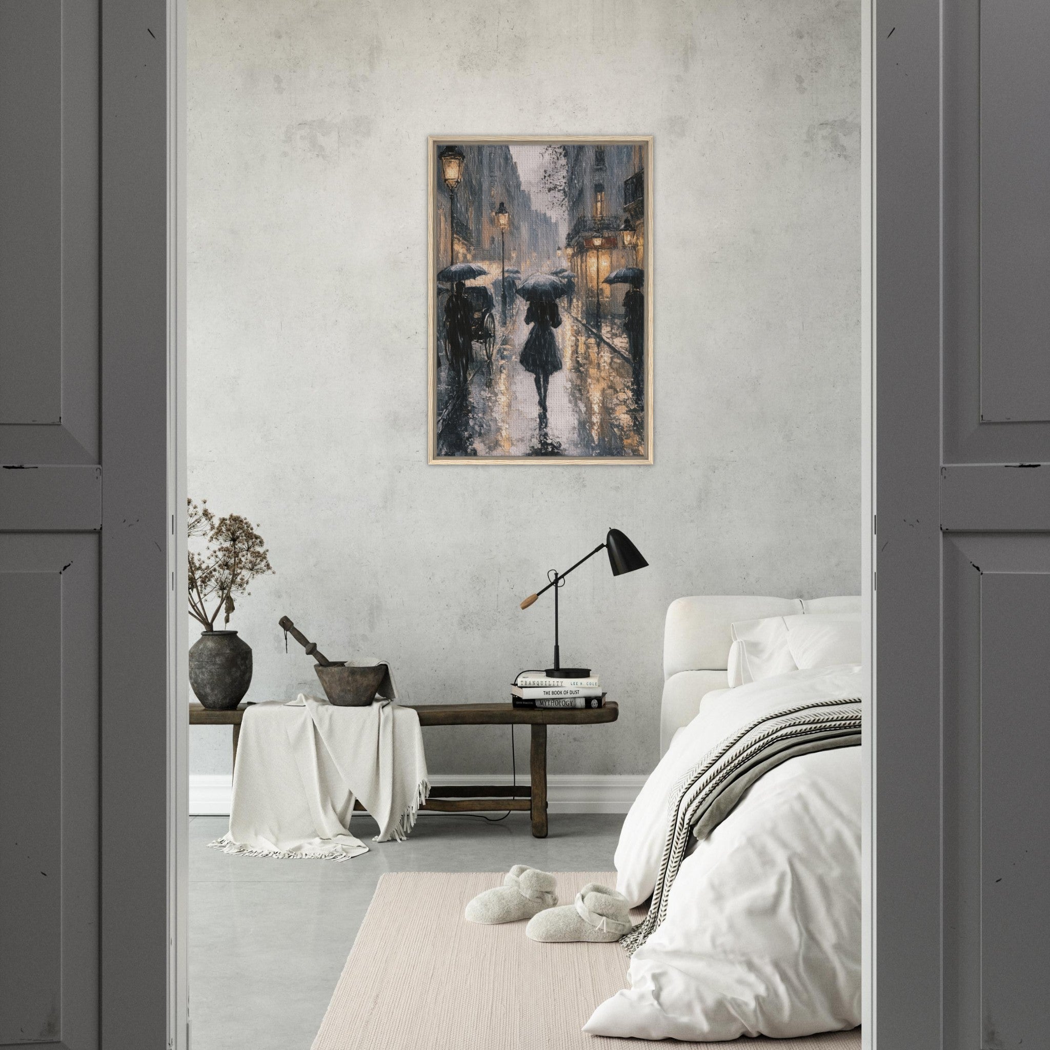 Framed Canvas Portrait - Urban Rain Scene A rainy Parisian street in the 3 - Shop Ai Art WebShop - Digital Art online Store
