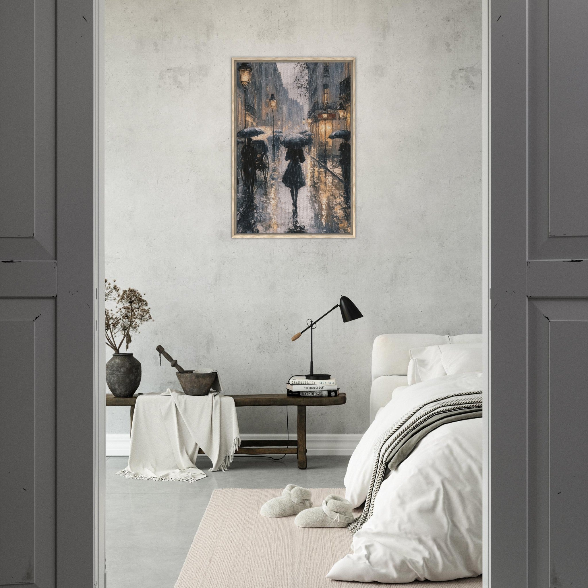 Framed Canvas Portrait - Urban Rain Scene A rainy Parisian street in the 3 - Shop Ai Art WebShop - Digital Art online Store