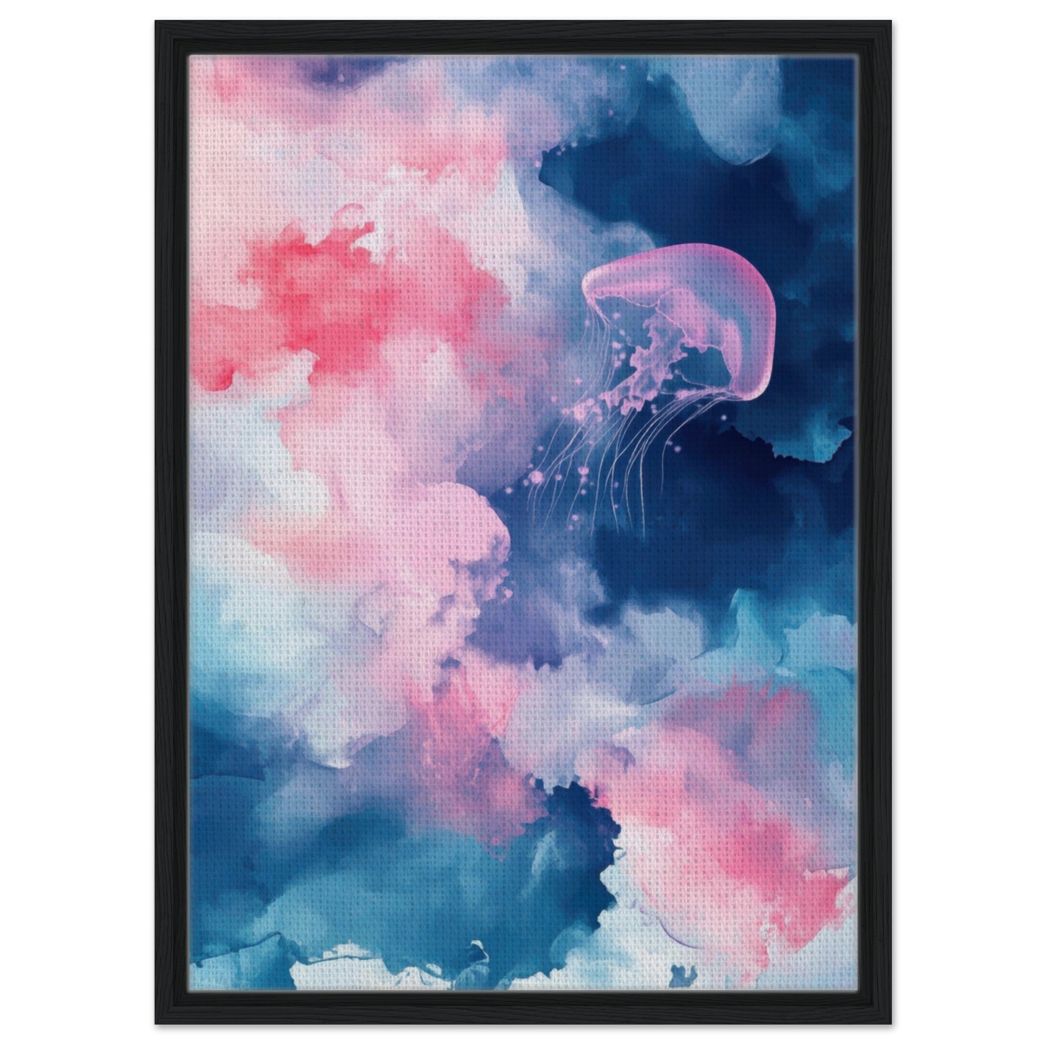 Framed Canvas Portrait - Watercolor Jellyfish Drift Graceful jellyfish - Shop Ai Art WebShop - Digital Art online Store