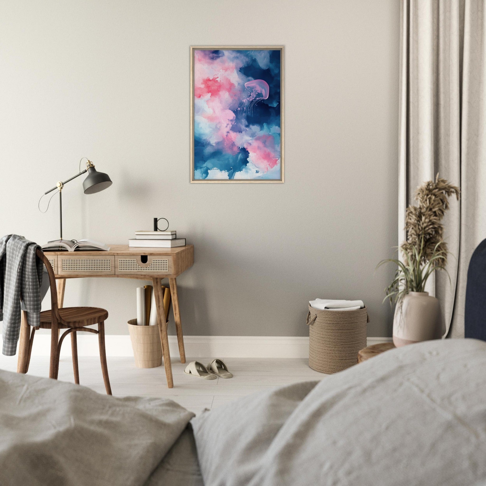 Framed Canvas Portrait - Watercolor Jellyfish Drift Graceful jellyfish - Shop Ai Art WebShop - Digital Art online Store