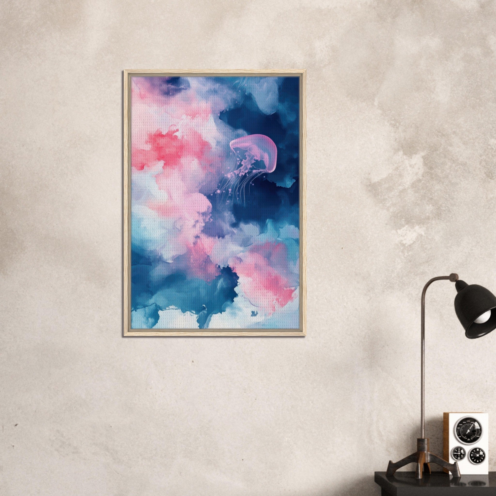 Framed Canvas Portrait - Watercolor Jellyfish Drift Graceful jellyfish - Shop Ai Art WebShop - Digital Art online Store
