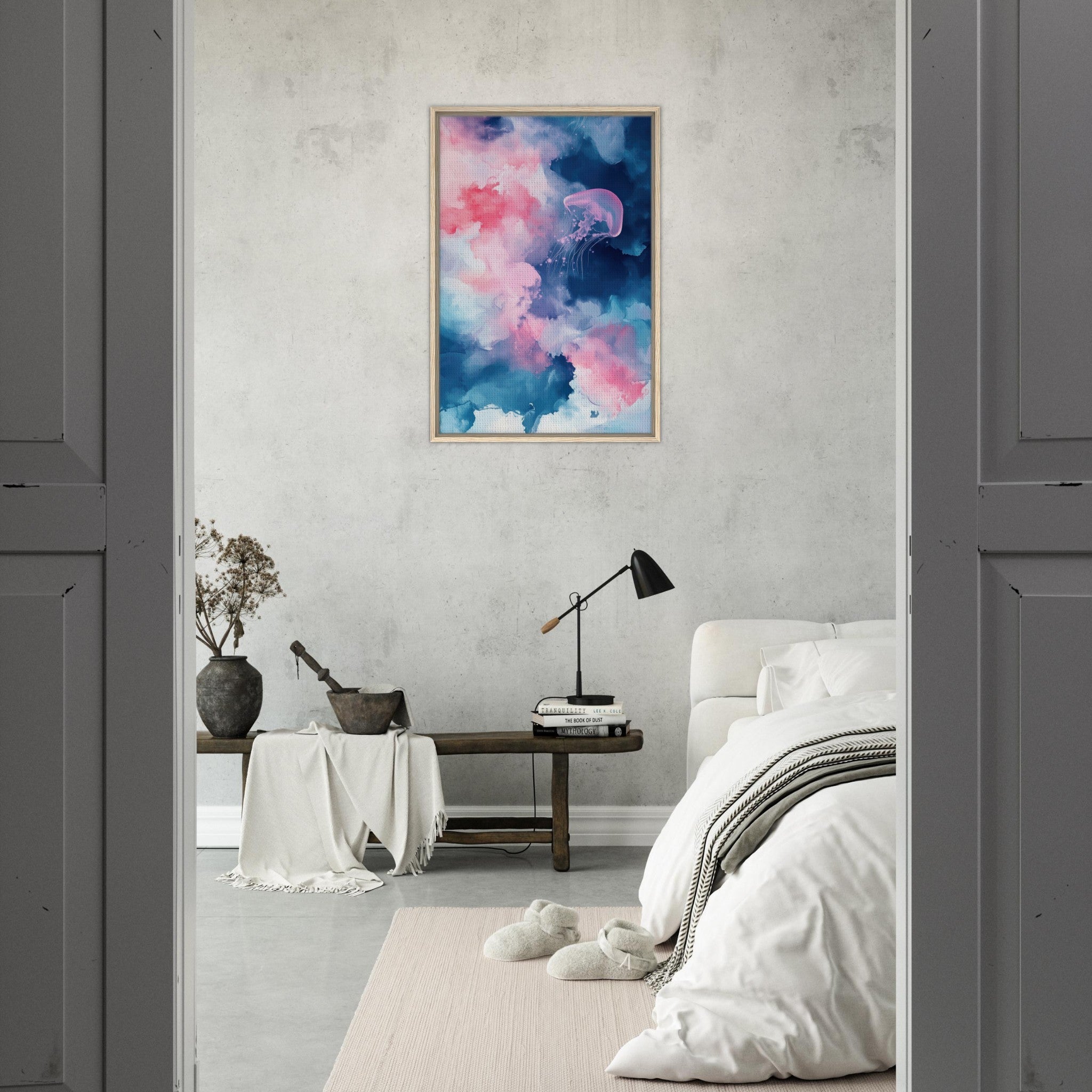 Framed Canvas Portrait - Watercolor Jellyfish Drift Graceful jellyfish - Shop Ai Art WebShop - Digital Art online Store