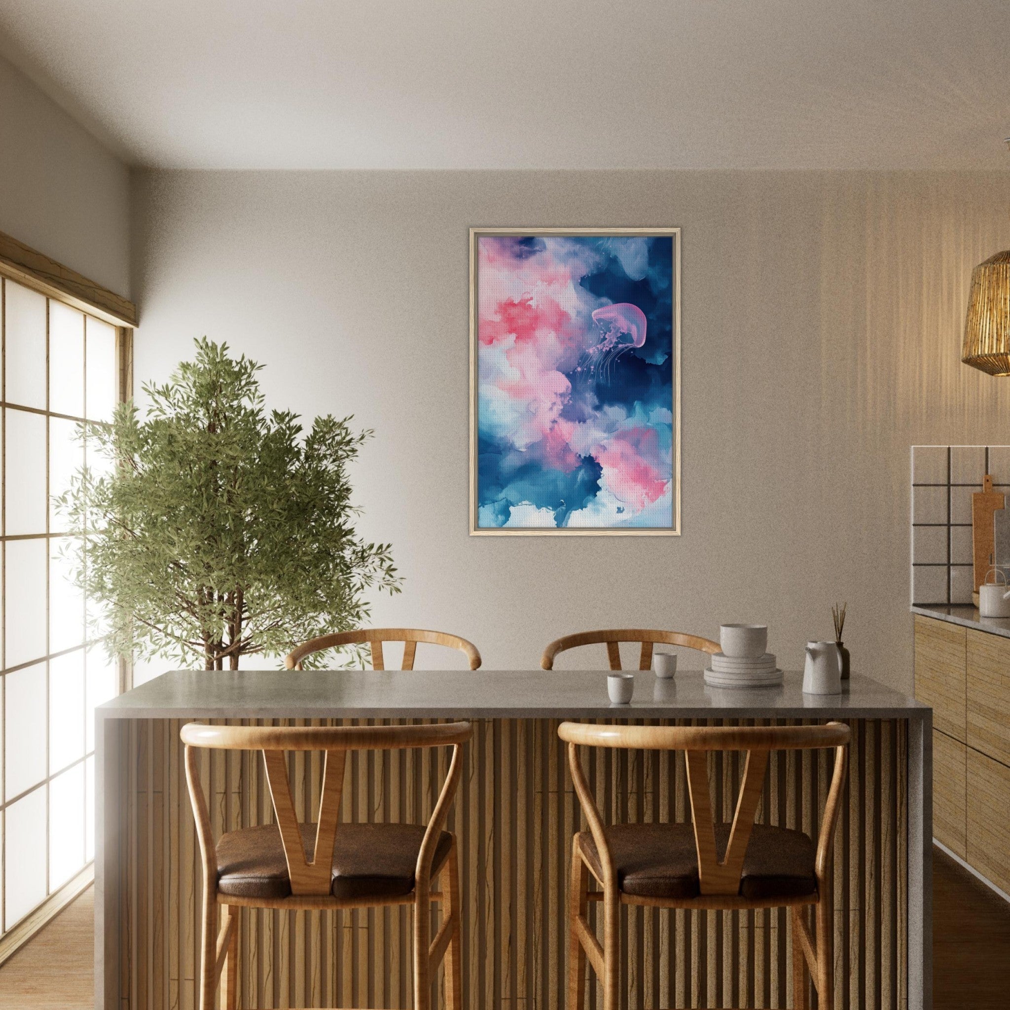 Framed Canvas Portrait - Watercolor Jellyfish Drift Graceful jellyfish - Shop Ai Art WebShop - Digital Art online Store