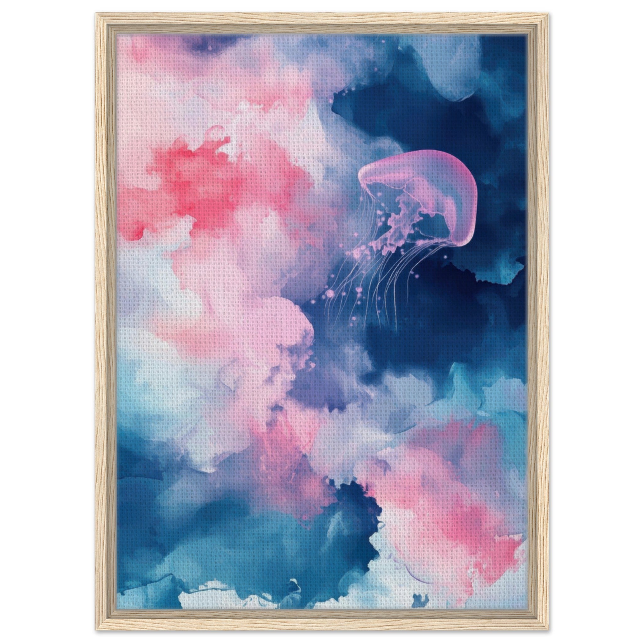 Framed Canvas Portrait - Watercolor Jellyfish Drift Graceful jellyfish - Shop Ai Art WebShop - Digital Art online Store