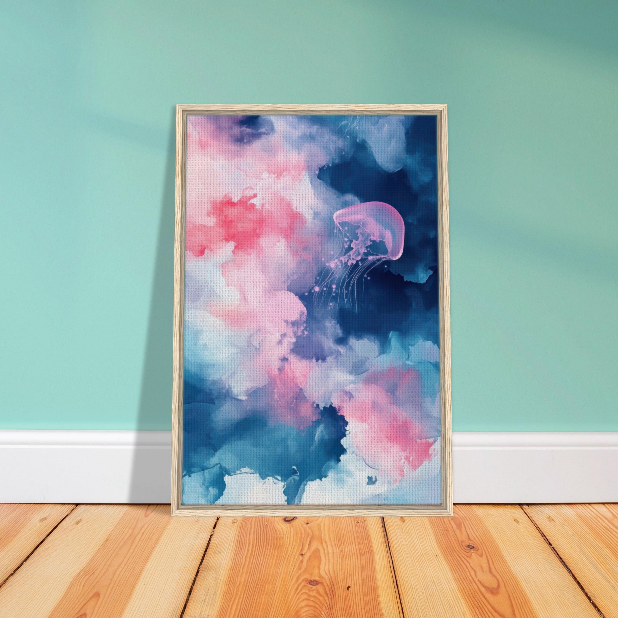 Framed Canvas Portrait - Watercolor Jellyfish Drift Graceful jellyfish - Shop Ai Art WebShop - Digital Art online Store