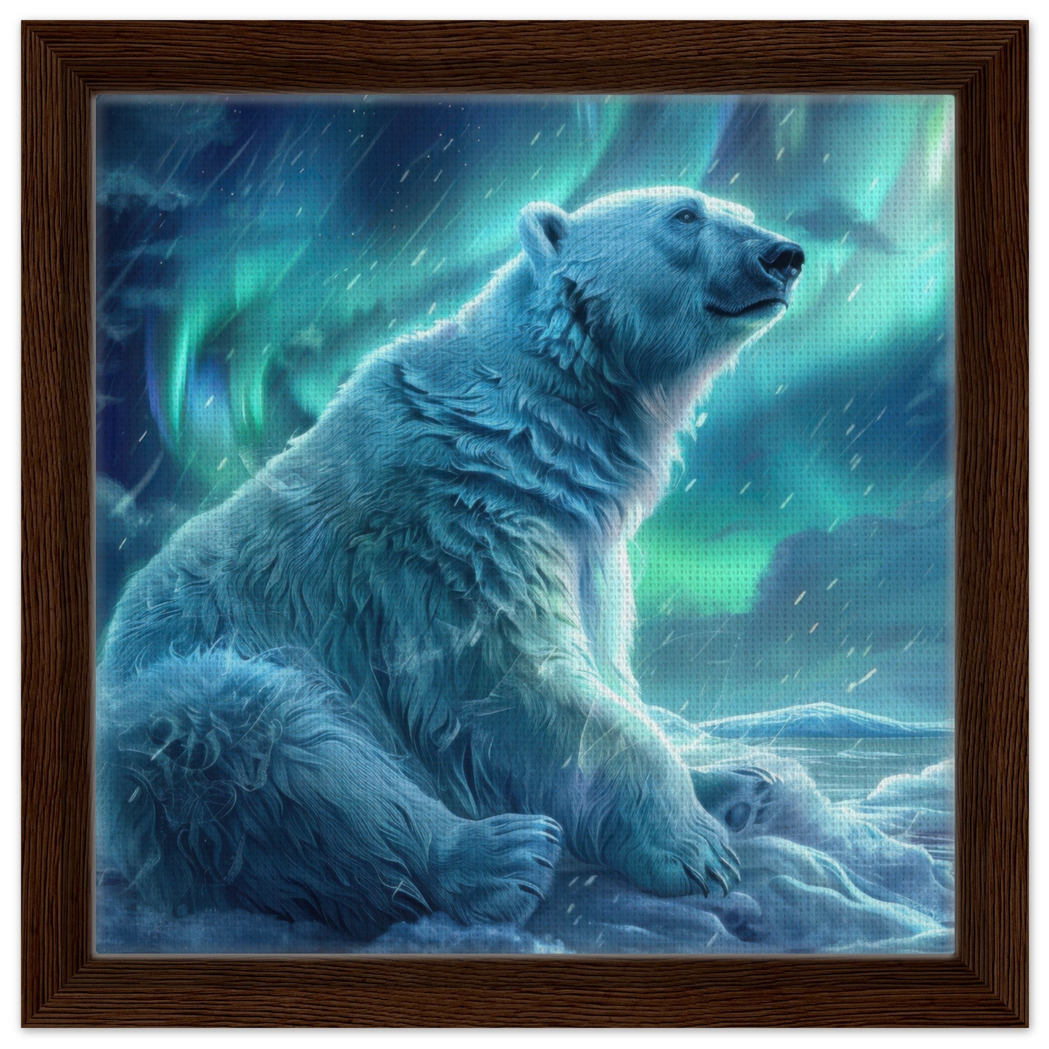 Framed Canvas Square - Polar Bear in the cold Night Enjoying the Northern Lights - Ai Art Force