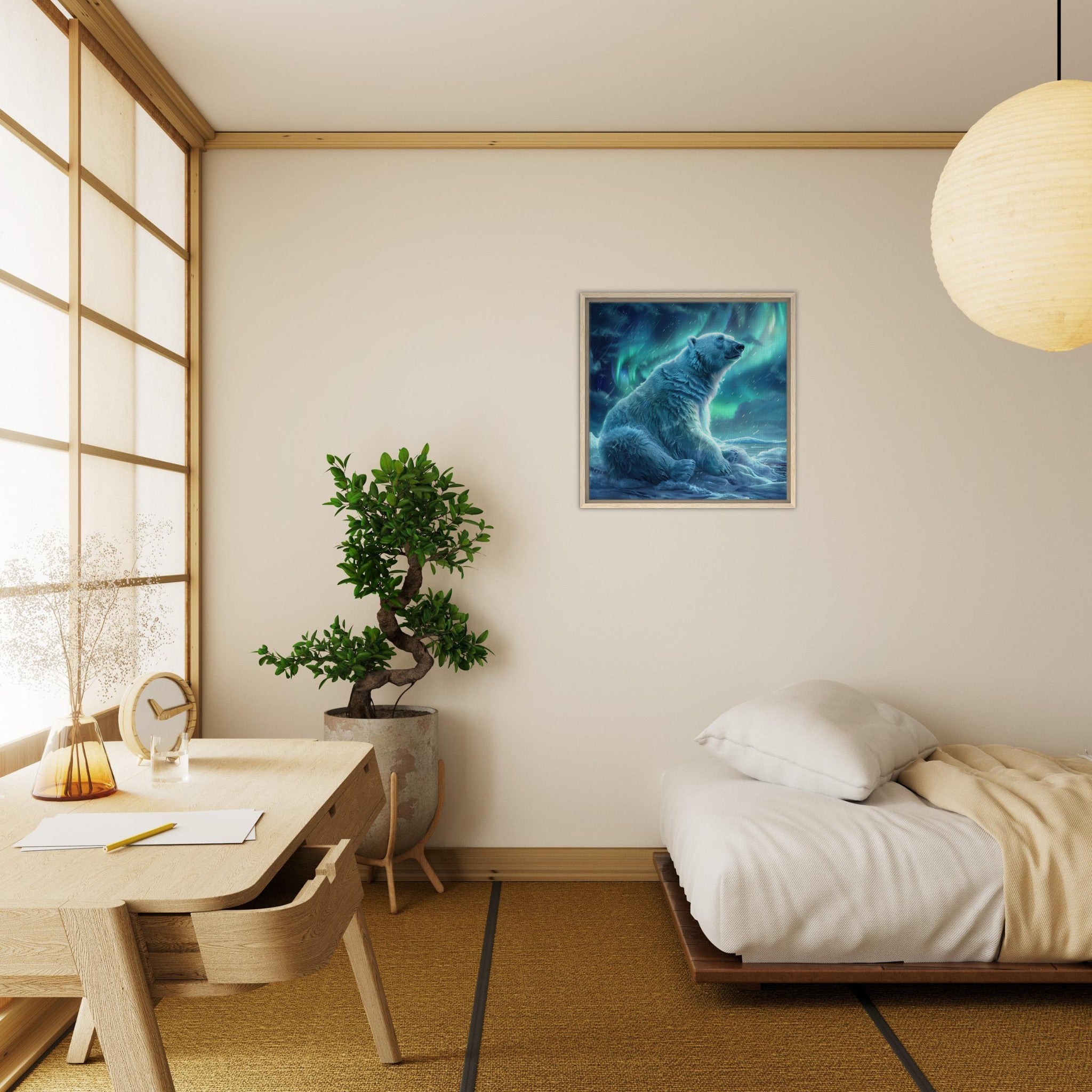 Framed Canvas Square - Polar Bear in the cold Night Enjoying the Northern Lights - Ai Art Force