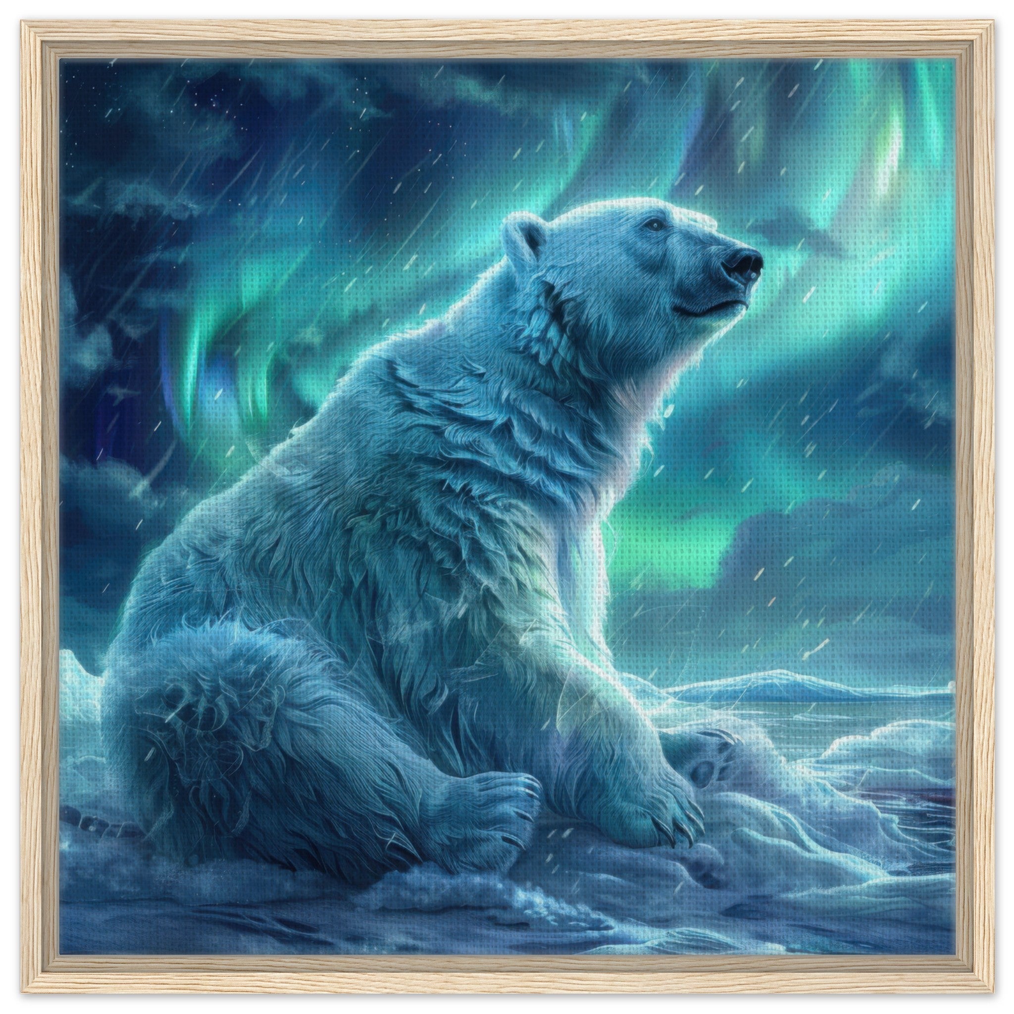 Framed Canvas Square - Polar Bear in the cold Night Enjoying the Northern Lights - Ai Art Force