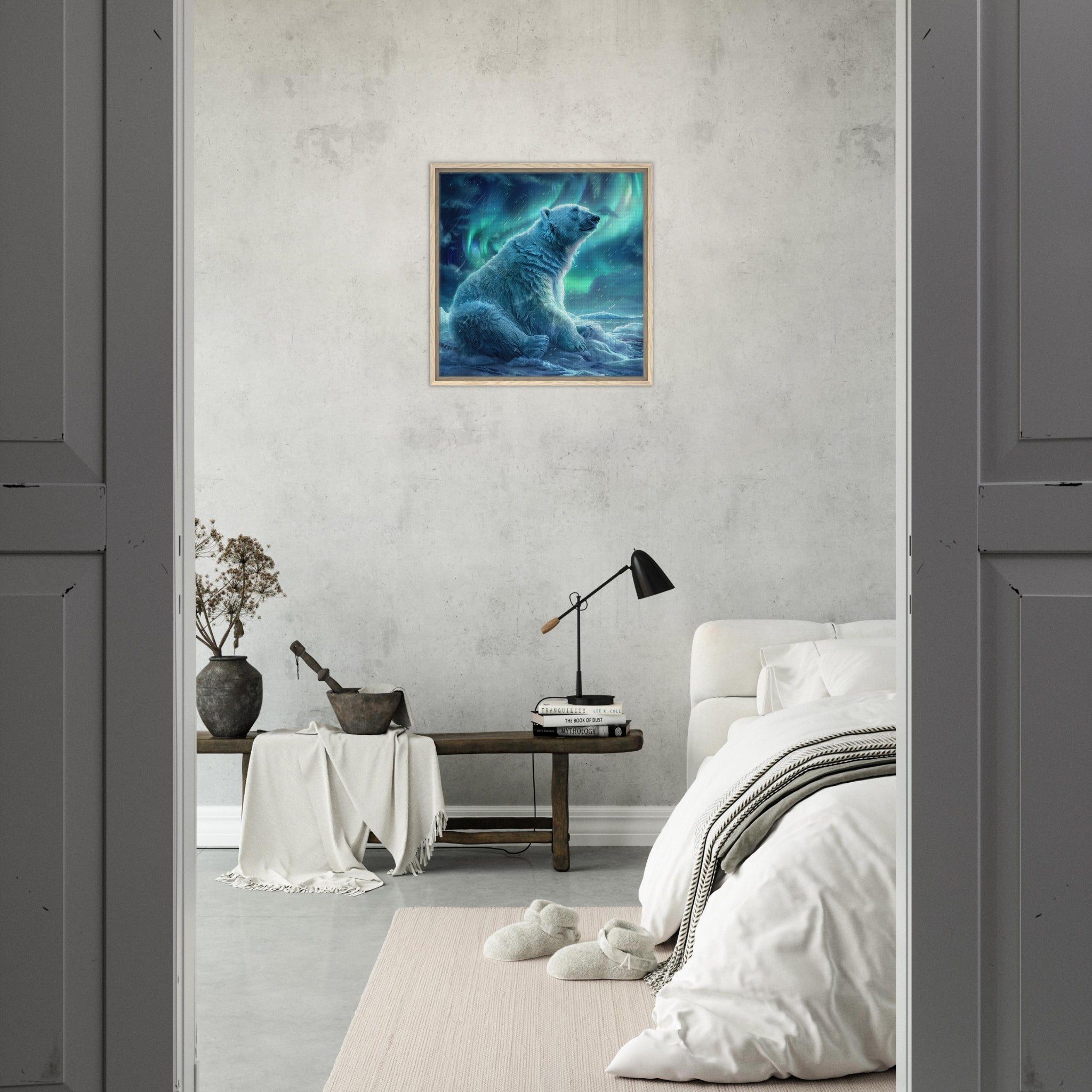 Framed Canvas Square - Polar Bear in the cold Night Enjoying the Northern Lights - Ai Art Force