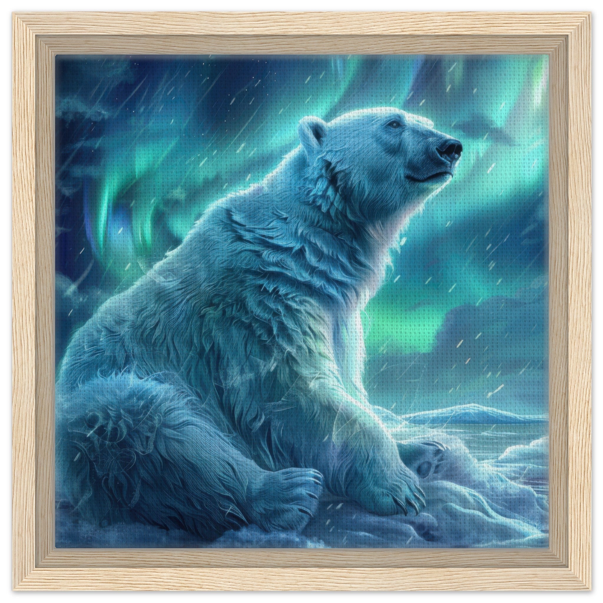 Framed Canvas Square - Polar Bear in the cold Night Enjoying the Northern Lights - Ai Art Force