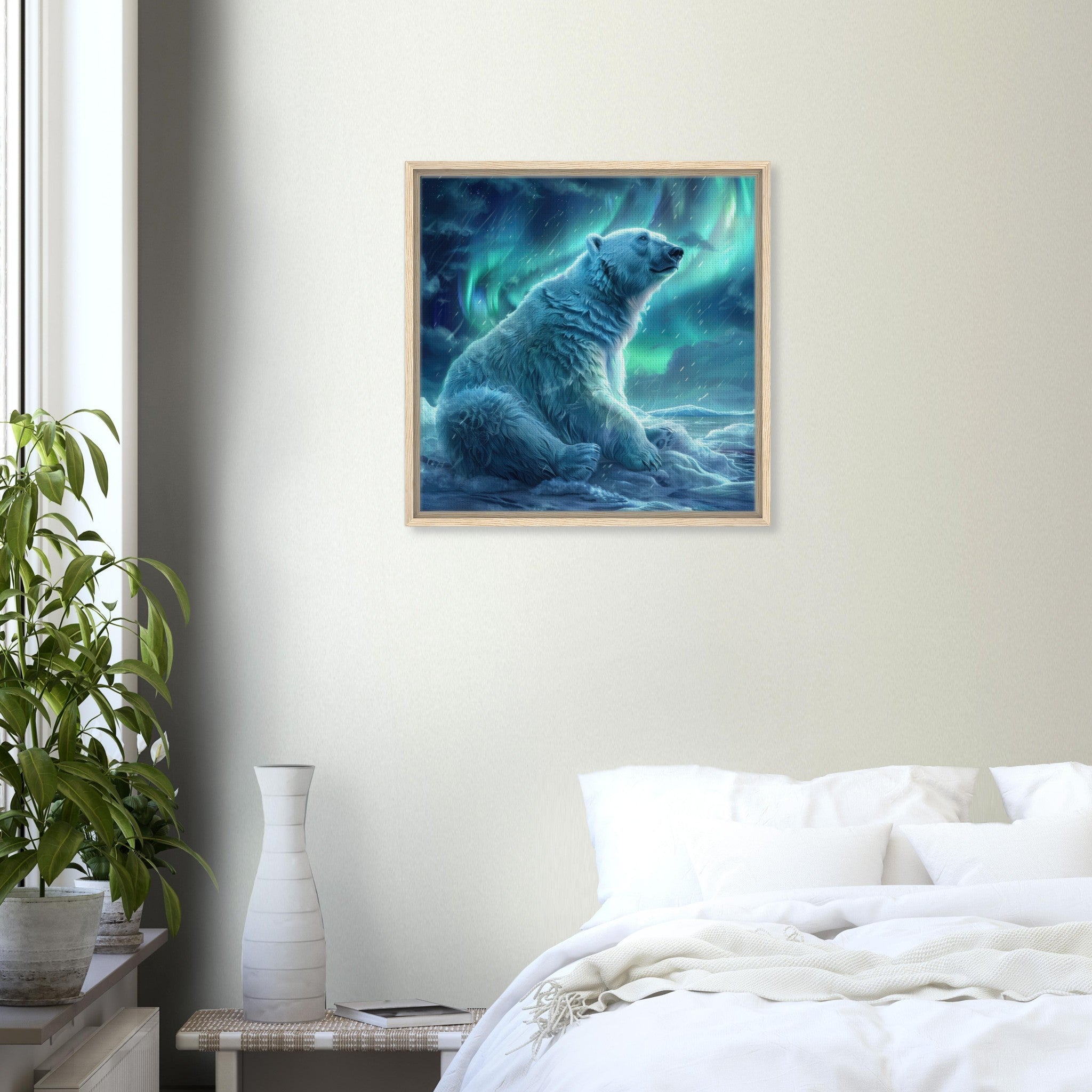 Framed Canvas Square - Polar Bear in the cold Night Enjoying the Northern Lights - Ai Art Force