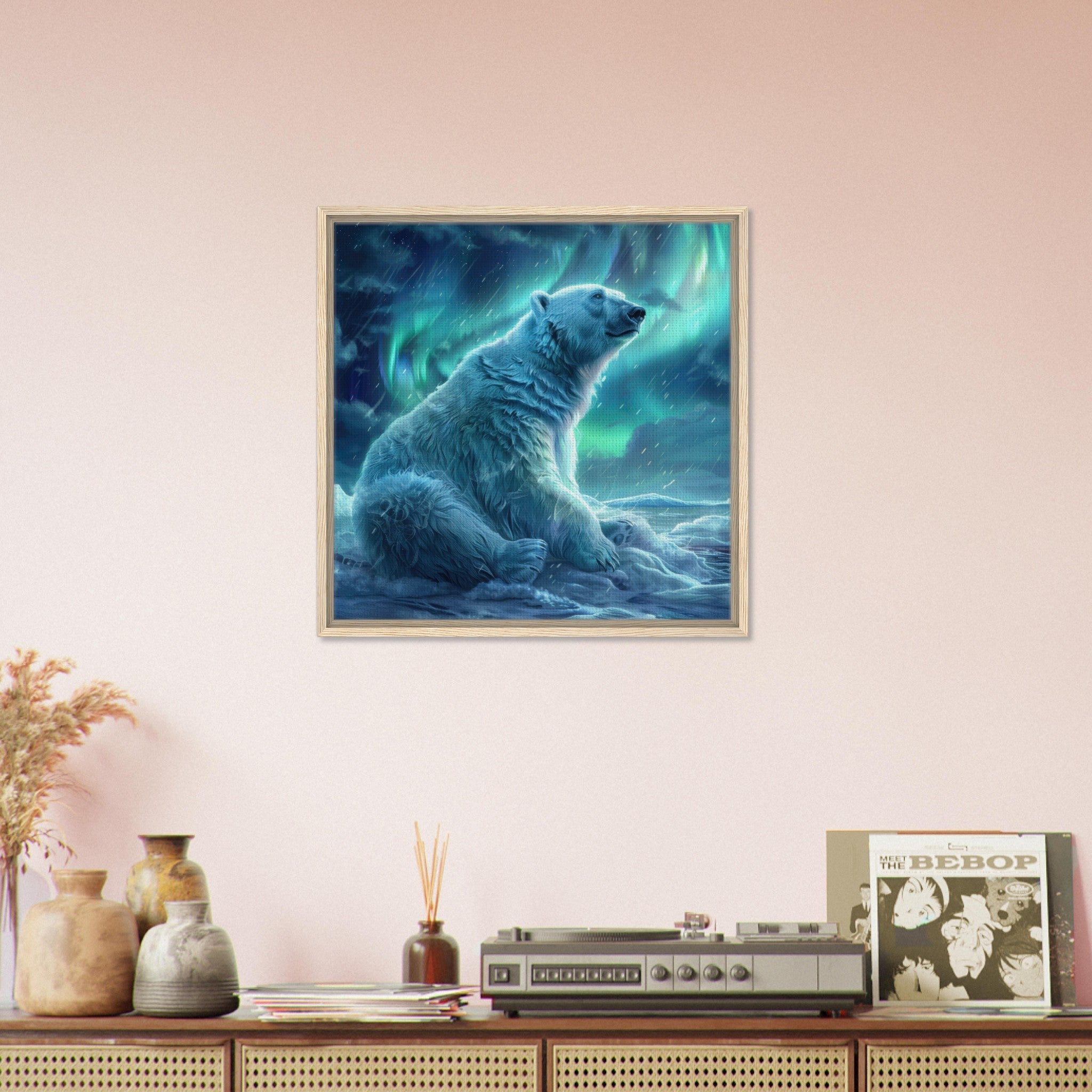Framed Canvas Square - Polar Bear in the cold Night Enjoying the Northern Lights - Ai Art Force