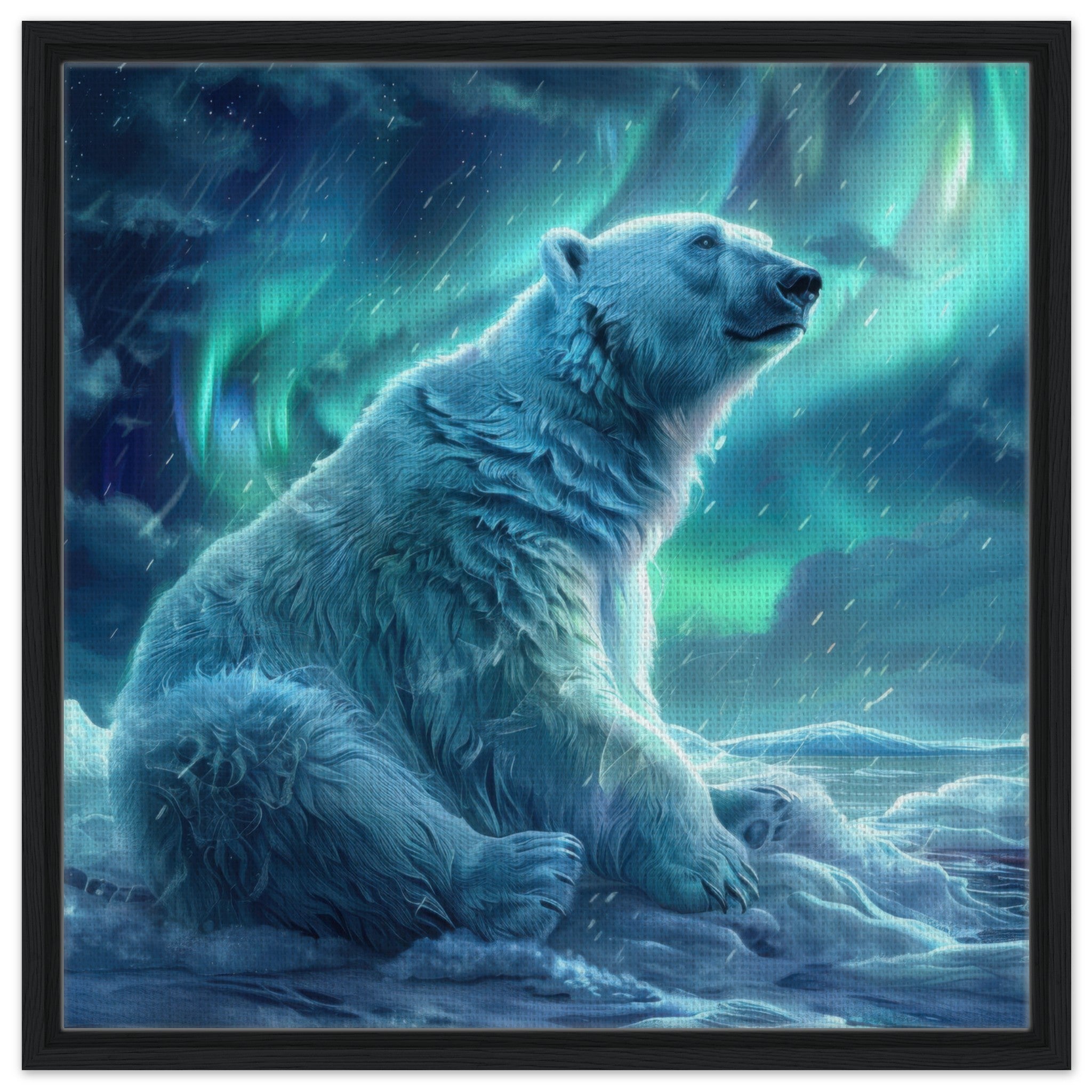 Framed Canvas Square - Polar Bear in the cold Night Enjoying the Northern Lights - Ai Art Force