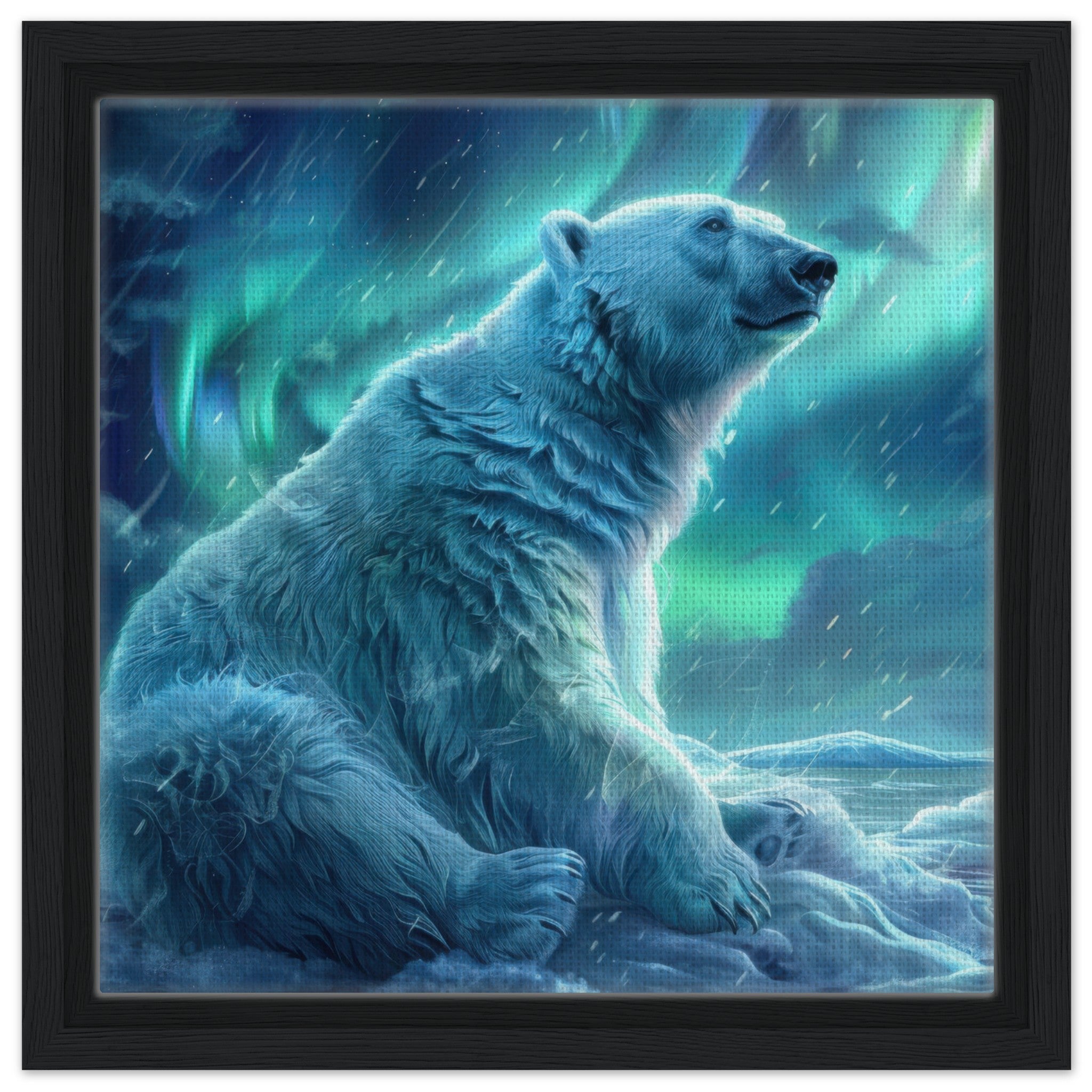 Framed Canvas Square - Polar Bear in the cold Night Enjoying the Northern Lights - Ai Art Force