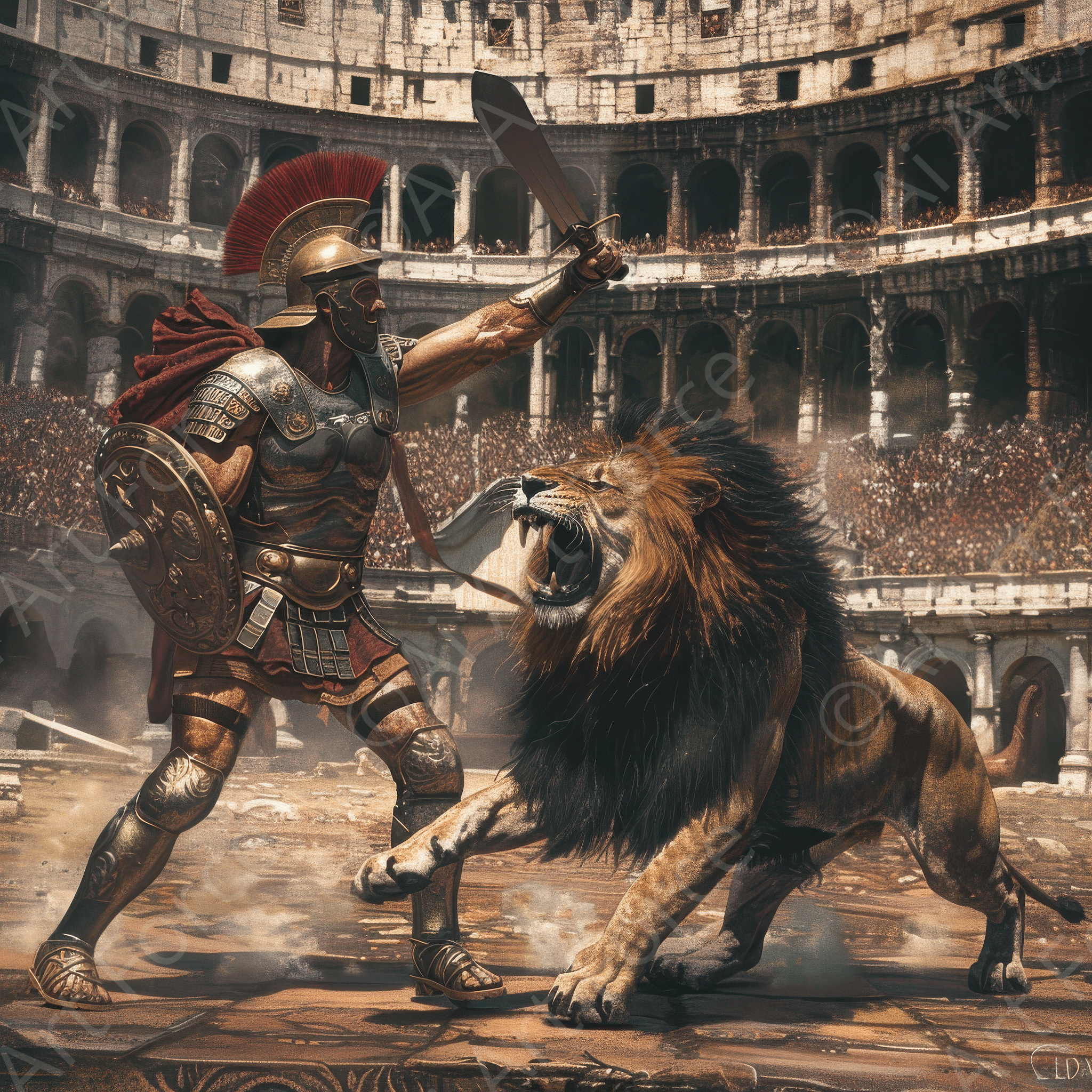 Digital Ai Artwork, of Colosseum Battle between gladiators and lions 7, ideal for art enthusiasts and collectors.