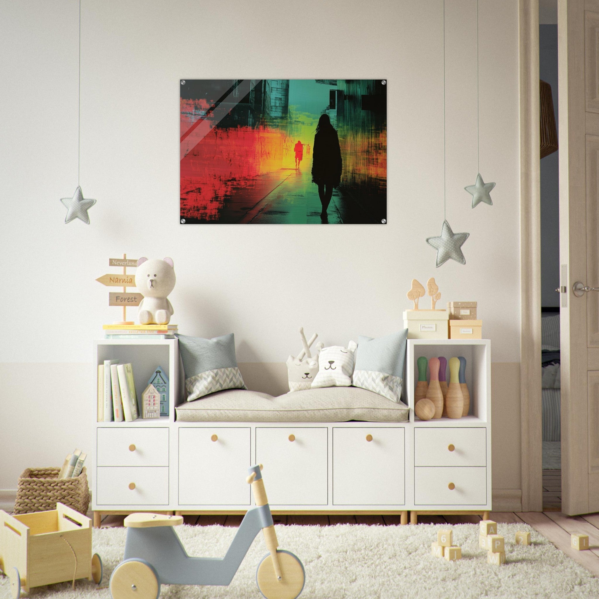 Acrylic Print Landscape - A city where neon lights create impossible rifle 2 - Shop Ai Art WebShop - Digital Art online Store