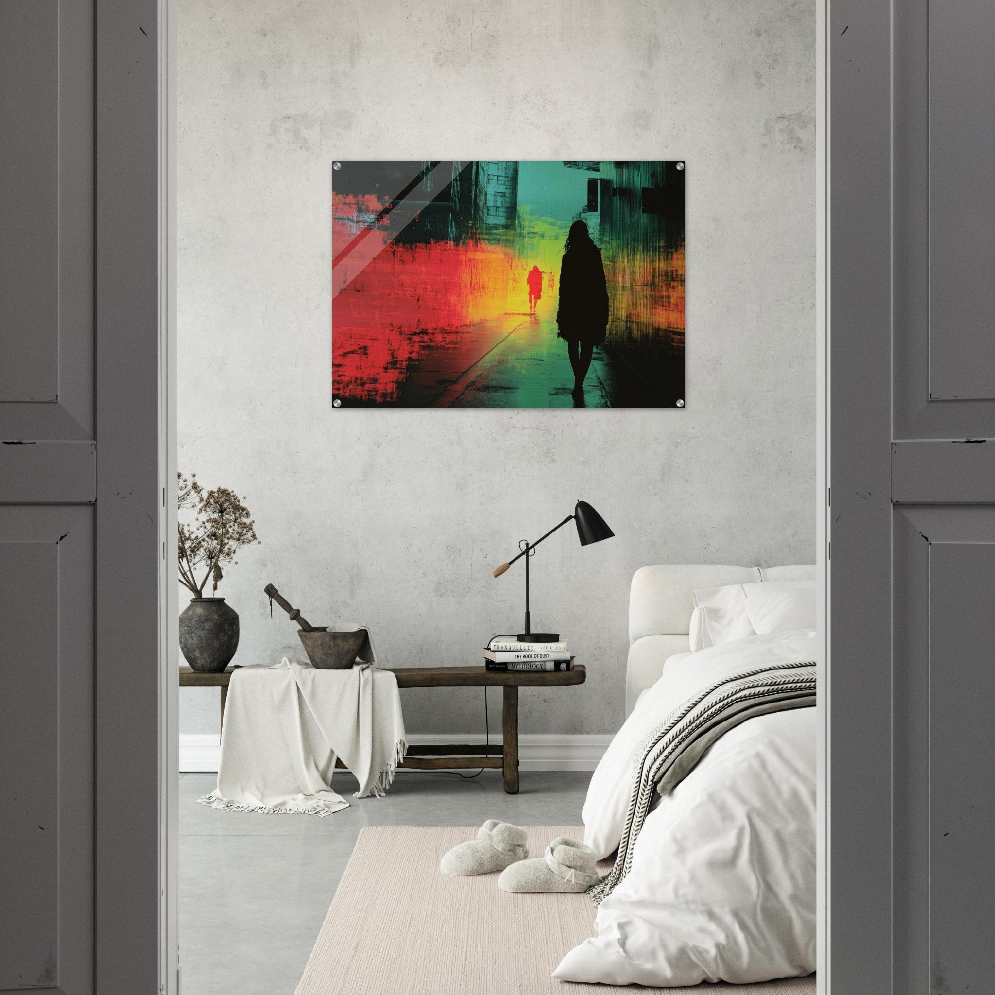 Acrylic Print Landscape - A city where neon lights create impossible rifle 2 - Shop Ai Art WebShop - Digital Art online Store