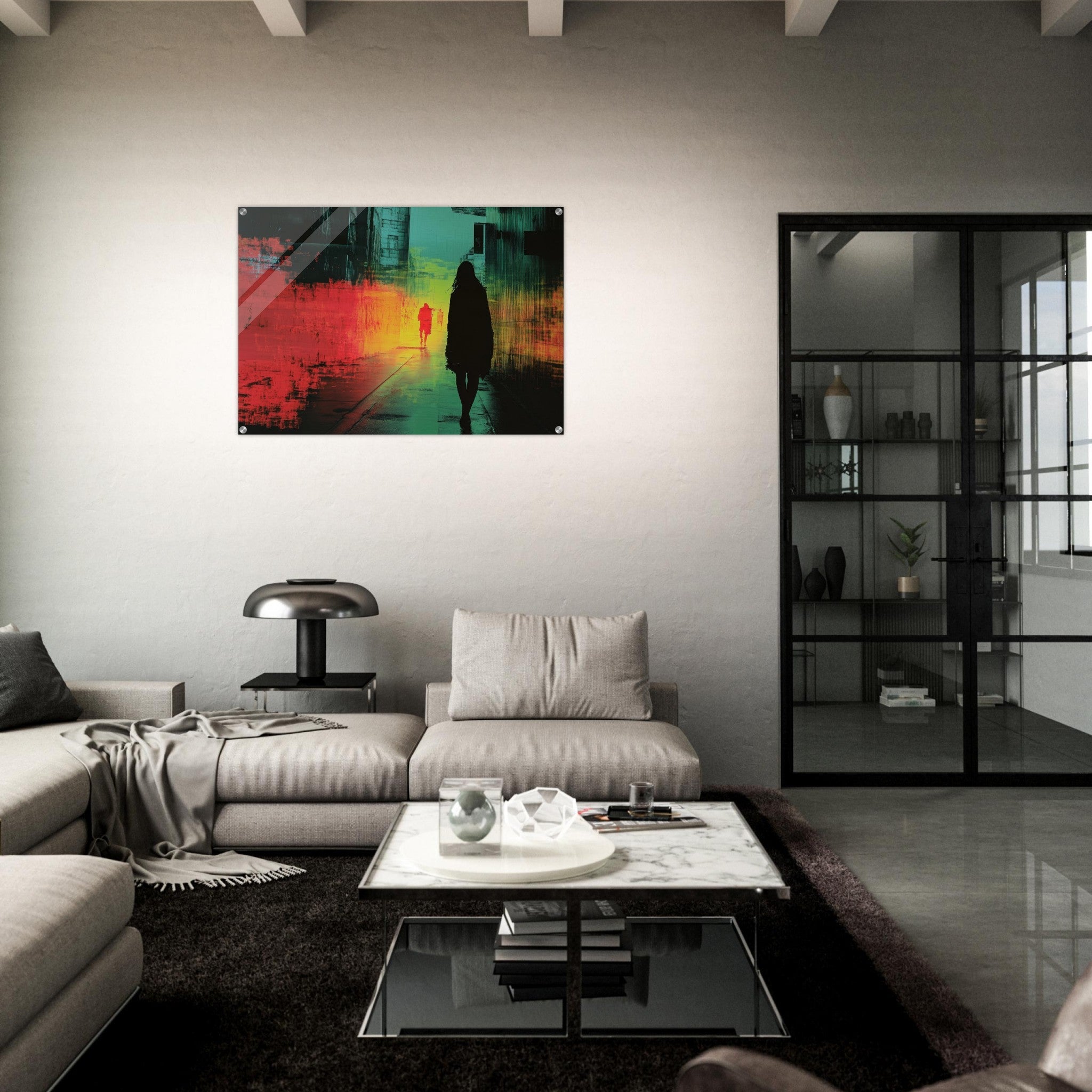 Acrylic Print Landscape - A city where neon lights create impossible rifle 2 - Shop Ai Art WebShop - Digital Art online Store