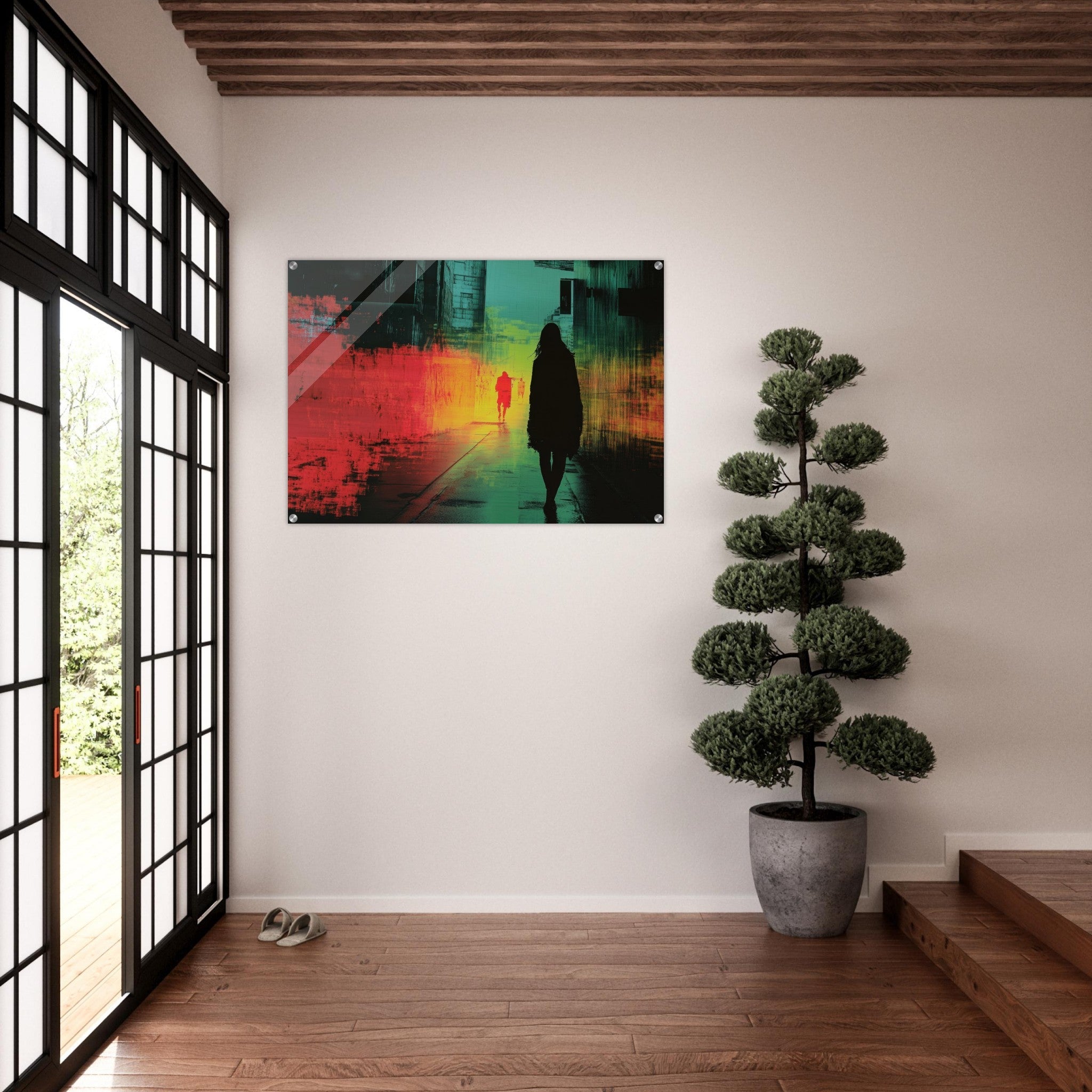 Acrylic Print Landscape - A city where neon lights create impossible rifle 2 - Shop Ai Art WebShop - Digital Art online Store