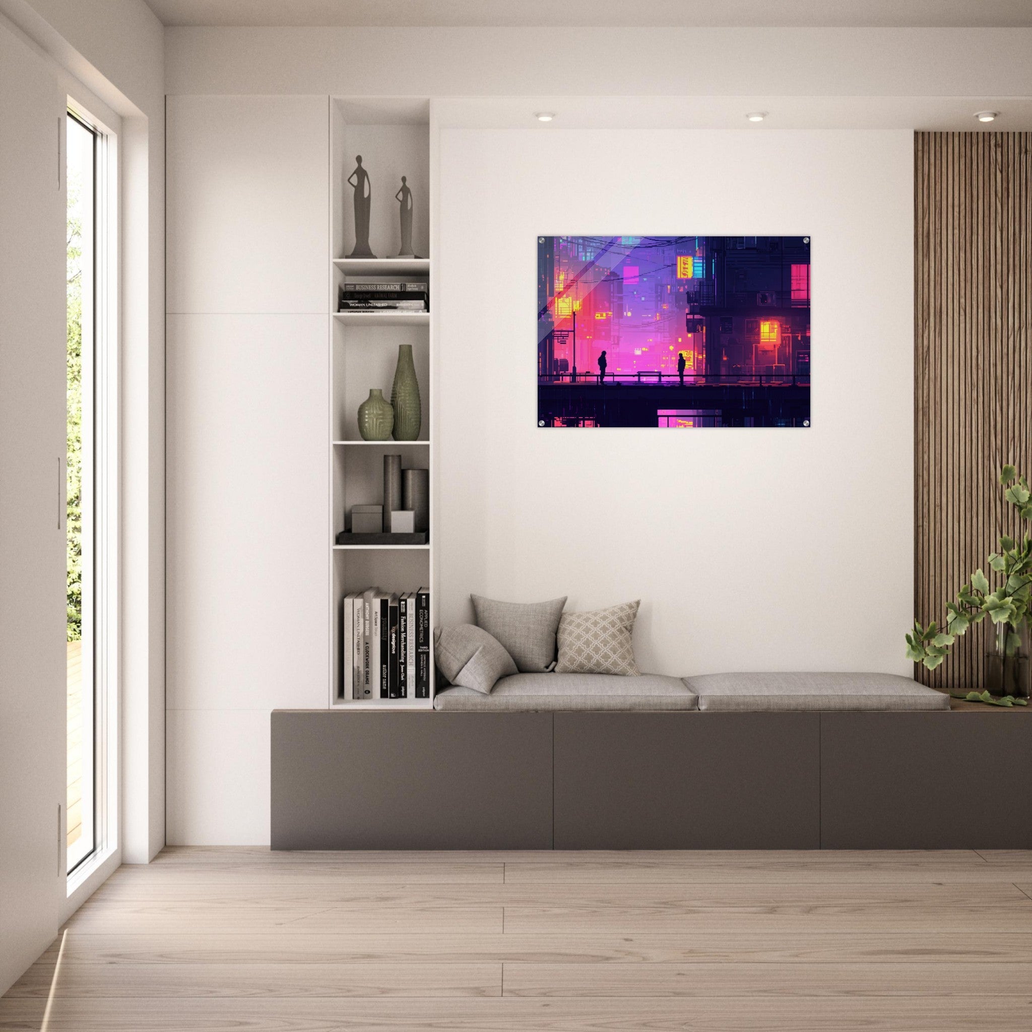 Acrylic Print Landscape - A city where neon lights create impossible rifle 5 - Shop Ai Art WebShop - Digital Art online Store