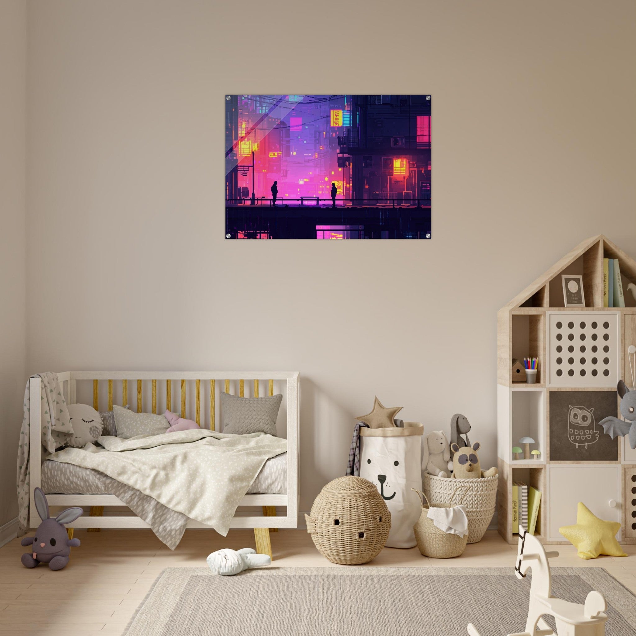 Acrylic Print Landscape - A city where neon lights create impossible rifle 5 - Shop Ai Art WebShop - Digital Art online Store
