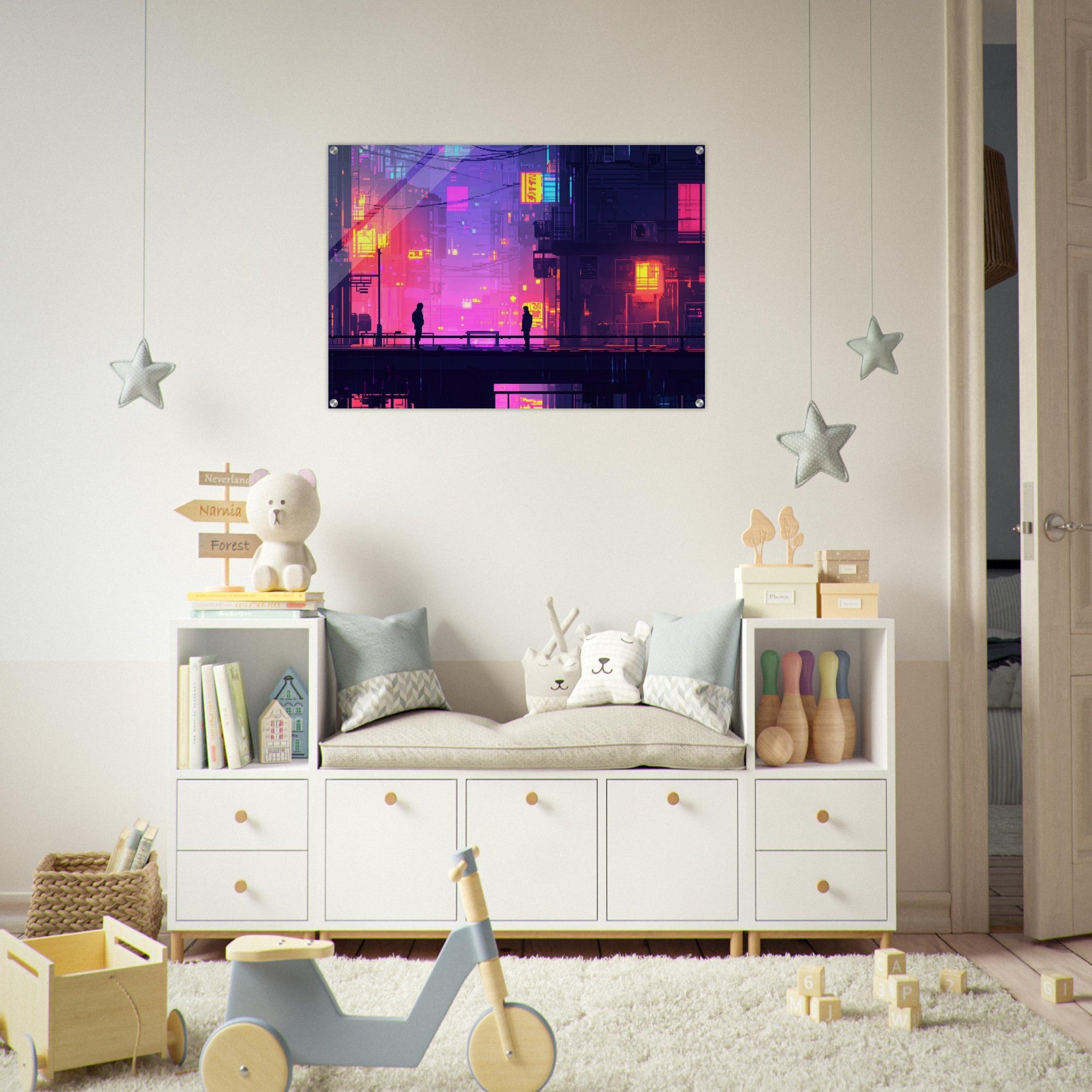 Acrylic Print Landscape - A city where neon lights create impossible rifle 5 - Shop Ai Art WebShop - Digital Art online Store