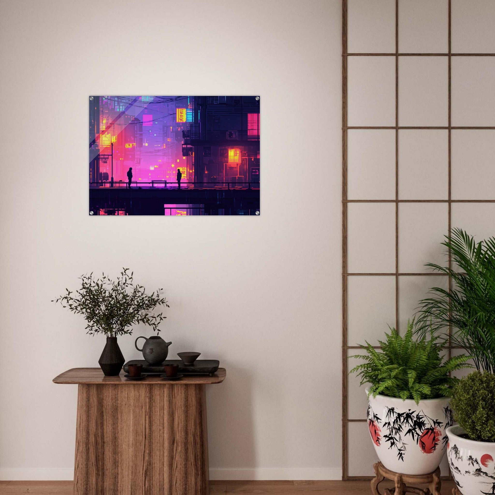 Acrylic Print Landscape - A city where neon lights create impossible rifle 5 - Shop Ai Art WebShop - Digital Art online Store
