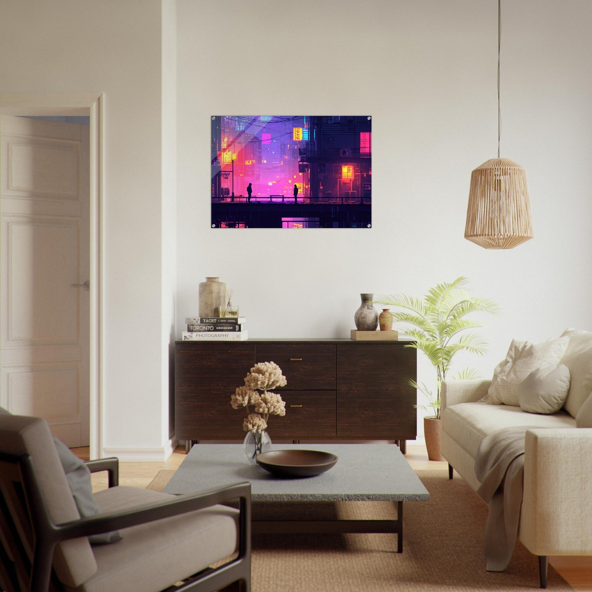 Acrylic Print Landscape - A city where neon lights create impossible rifle 5 - Shop Ai Art WebShop - Digital Art online Store
