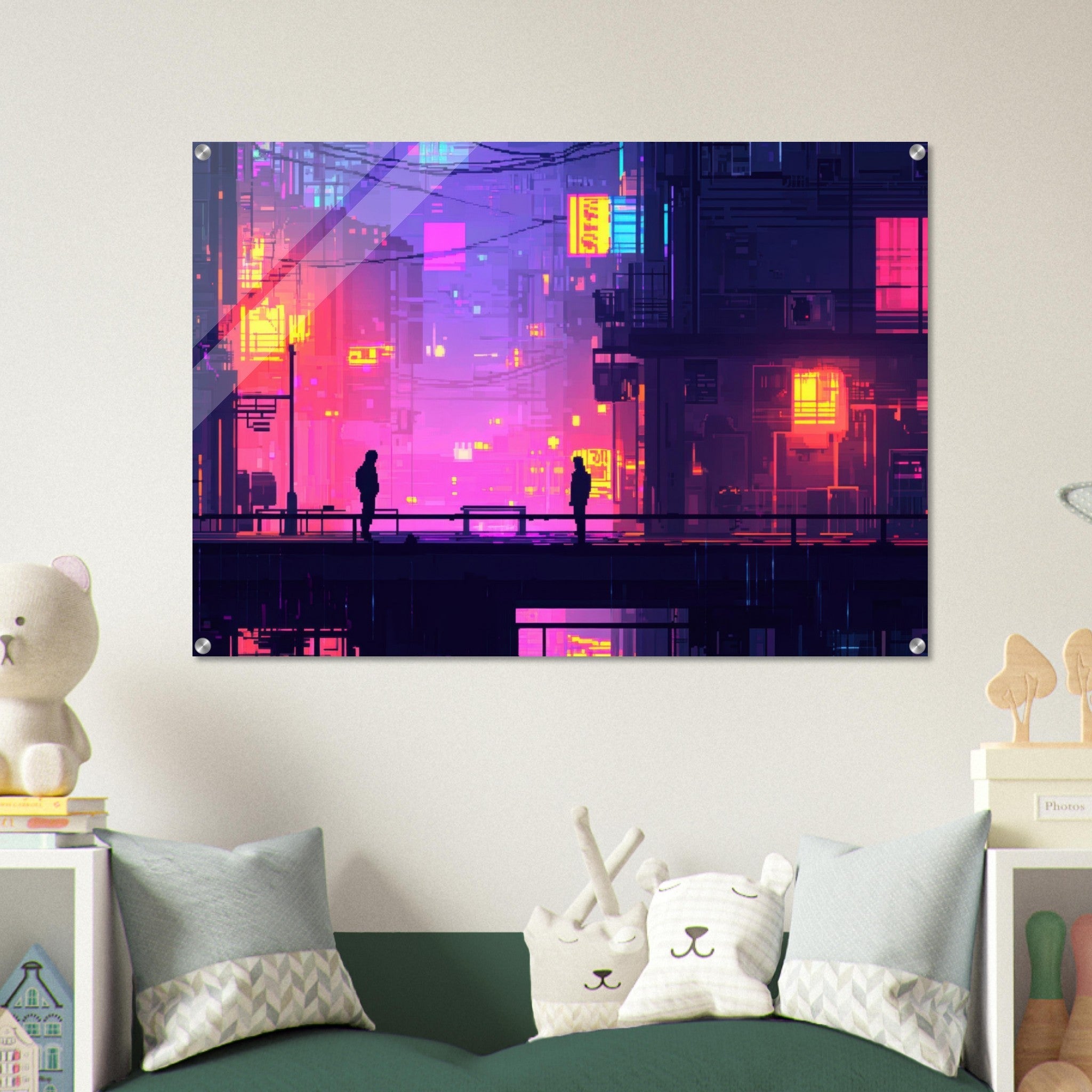 Acrylic Print Landscape - A city where neon lights create impossible rifle 5 - Shop Ai Art WebShop - Digital Art online Store