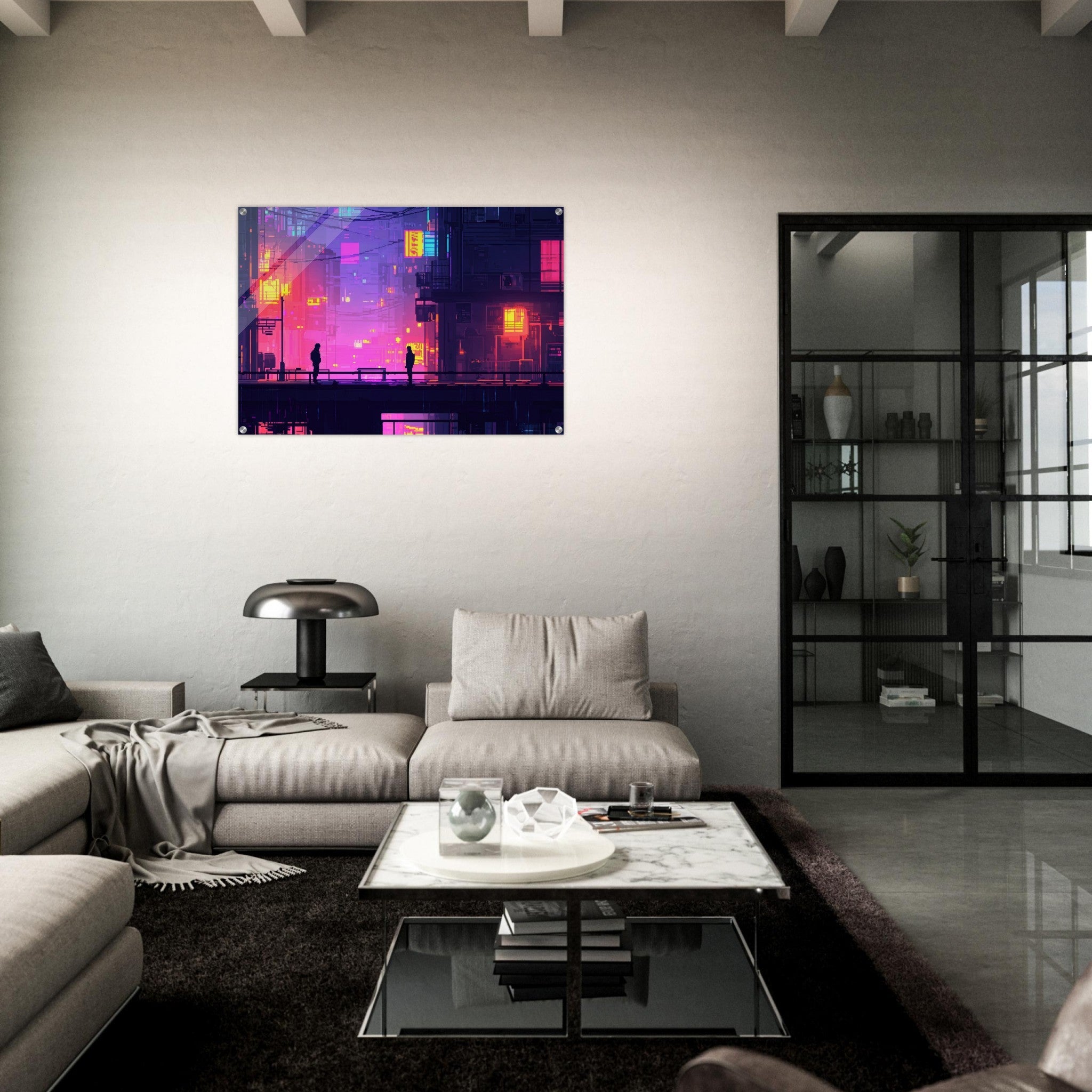 Acrylic Print Landscape - A city where neon lights create impossible rifle 5 - Shop Ai Art WebShop - Digital Art online Store