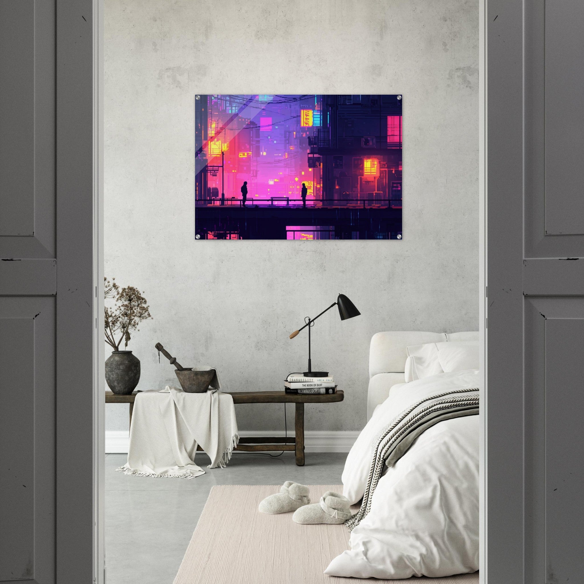 Acrylic Print Landscape - A city where neon lights create impossible rifle 5 - Shop Ai Art WebShop - Digital Art online Store