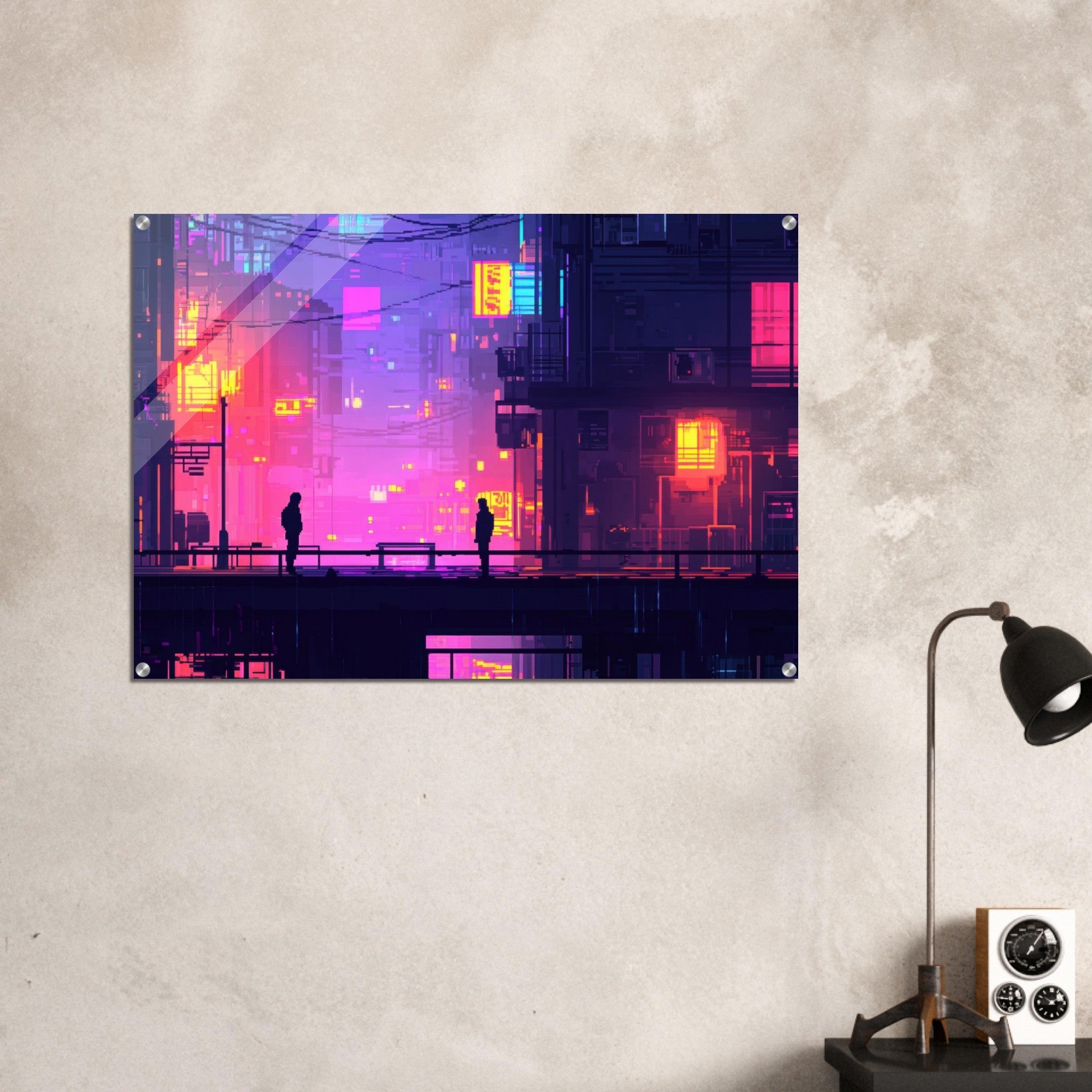 Acrylic Print Landscape - A city where neon lights create impossible rifle 5 - Shop Ai Art WebShop - Digital Art online Store