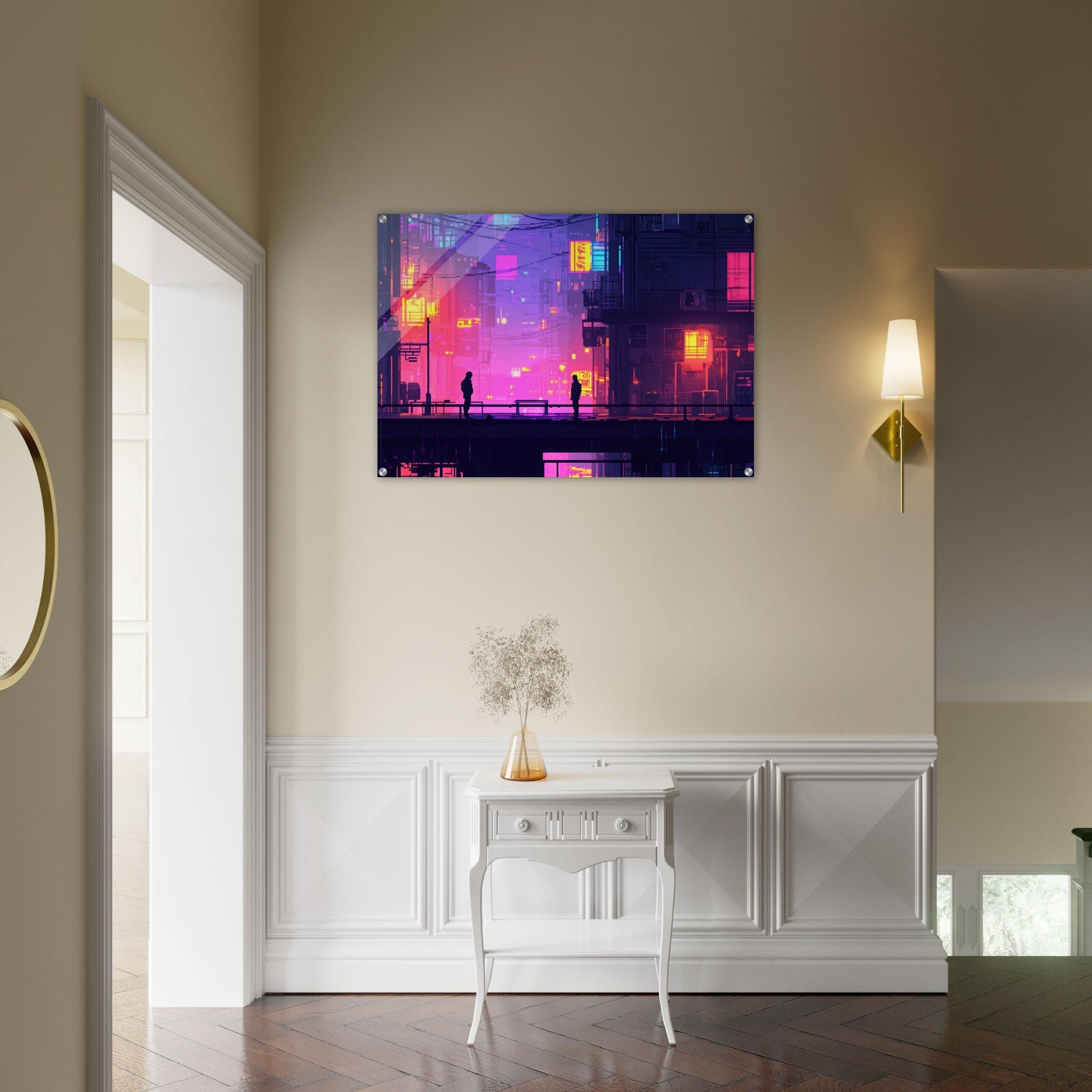 Acrylic Print Landscape - A city where neon lights create impossible rifle 5 - Shop Ai Art WebShop - Digital Art online Store