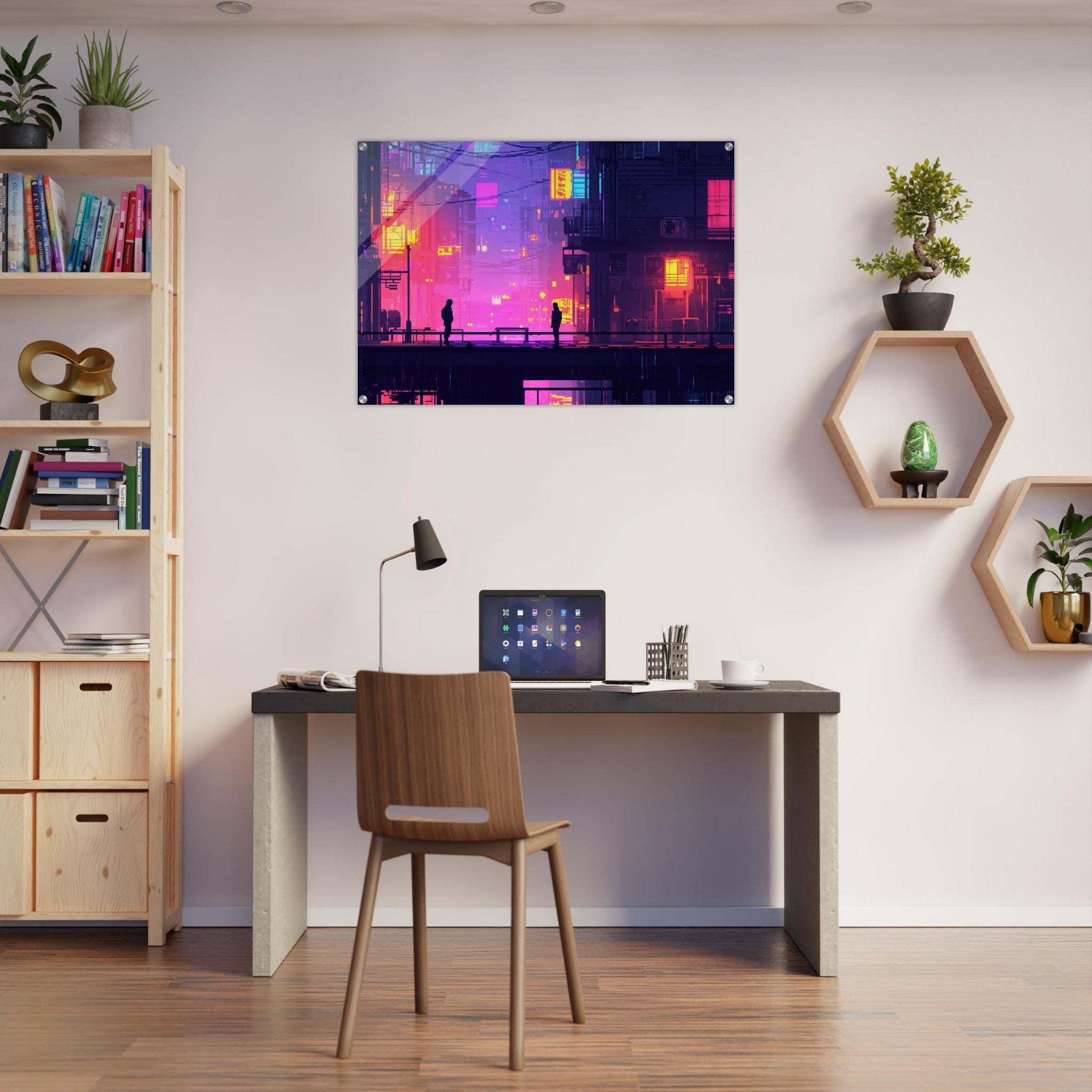 Acrylic Print Landscape - A city where neon lights create impossible rifle 5 - Shop Ai Art WebShop - Digital Art online Store