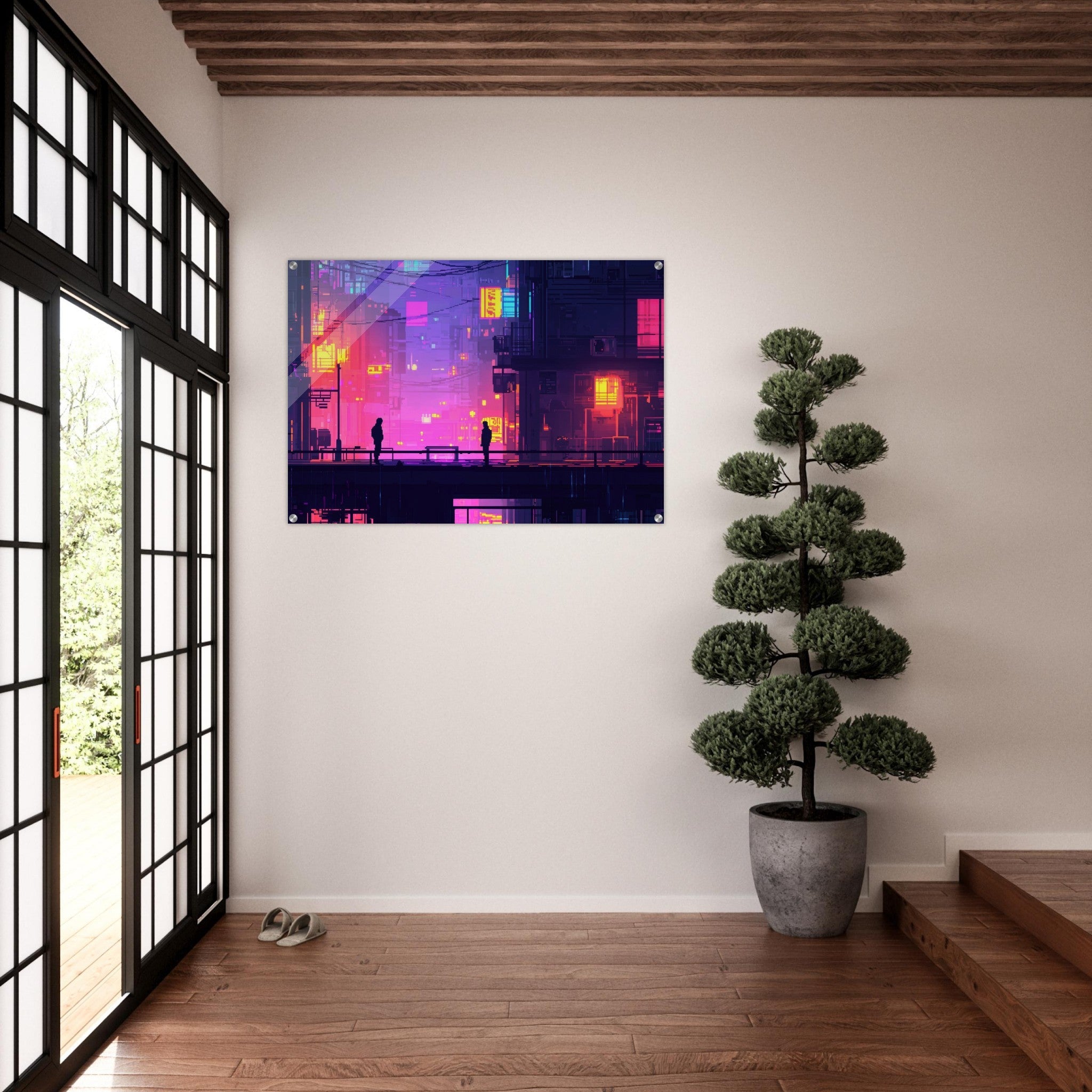 Acrylic Print Landscape - A city where neon lights create impossible rifle 5 - Shop Ai Art WebShop - Digital Art online Store