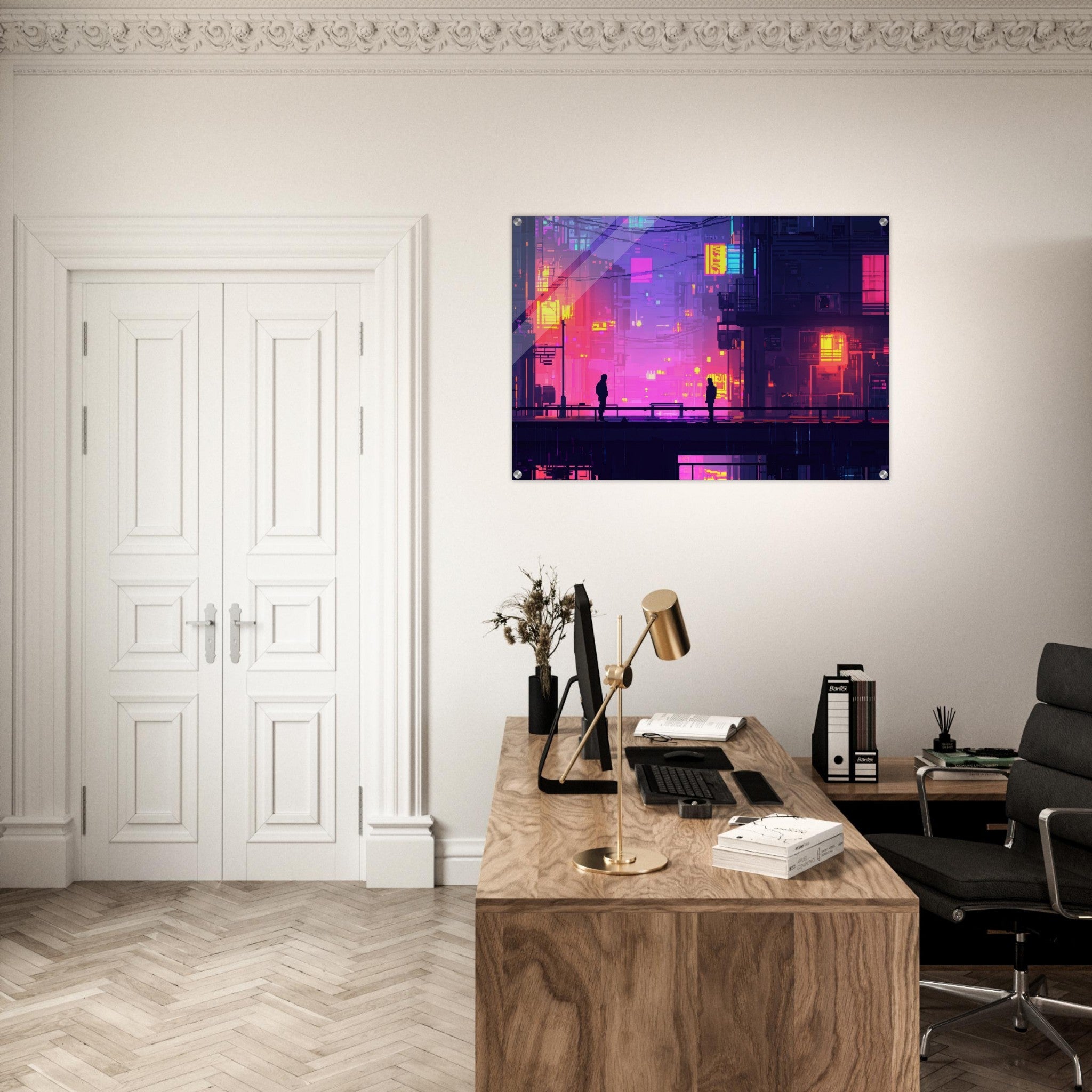 Acrylic Print Landscape - A city where neon lights create impossible rifle 5 - Shop Ai Art WebShop - Digital Art online Store