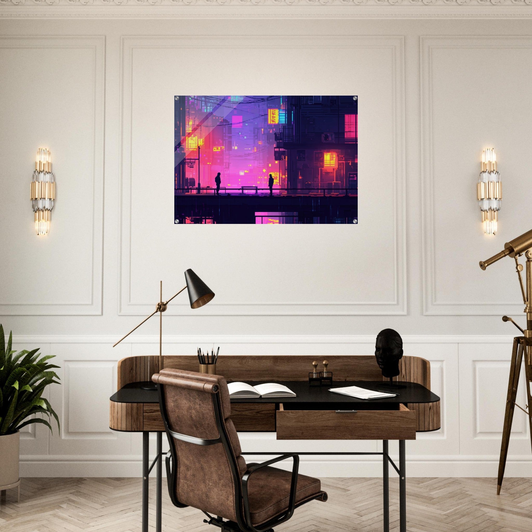 Acrylic Print Landscape - A city where neon lights create impossible rifle 5 - Shop Ai Art WebShop - Digital Art online Store