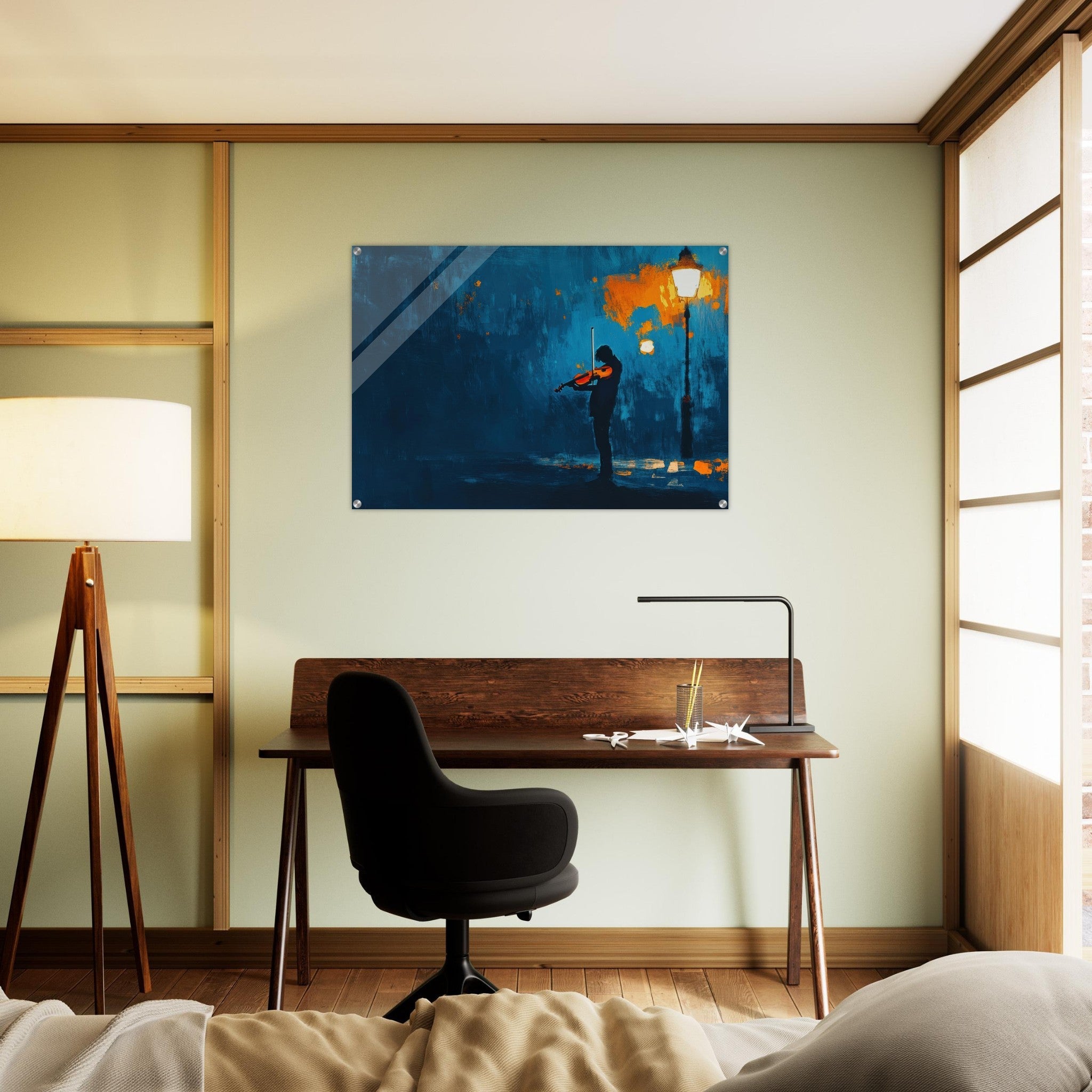 Acrylic Print Landscape - A lone violinist stands beneath a flickering sir 2 - Ai Art Force