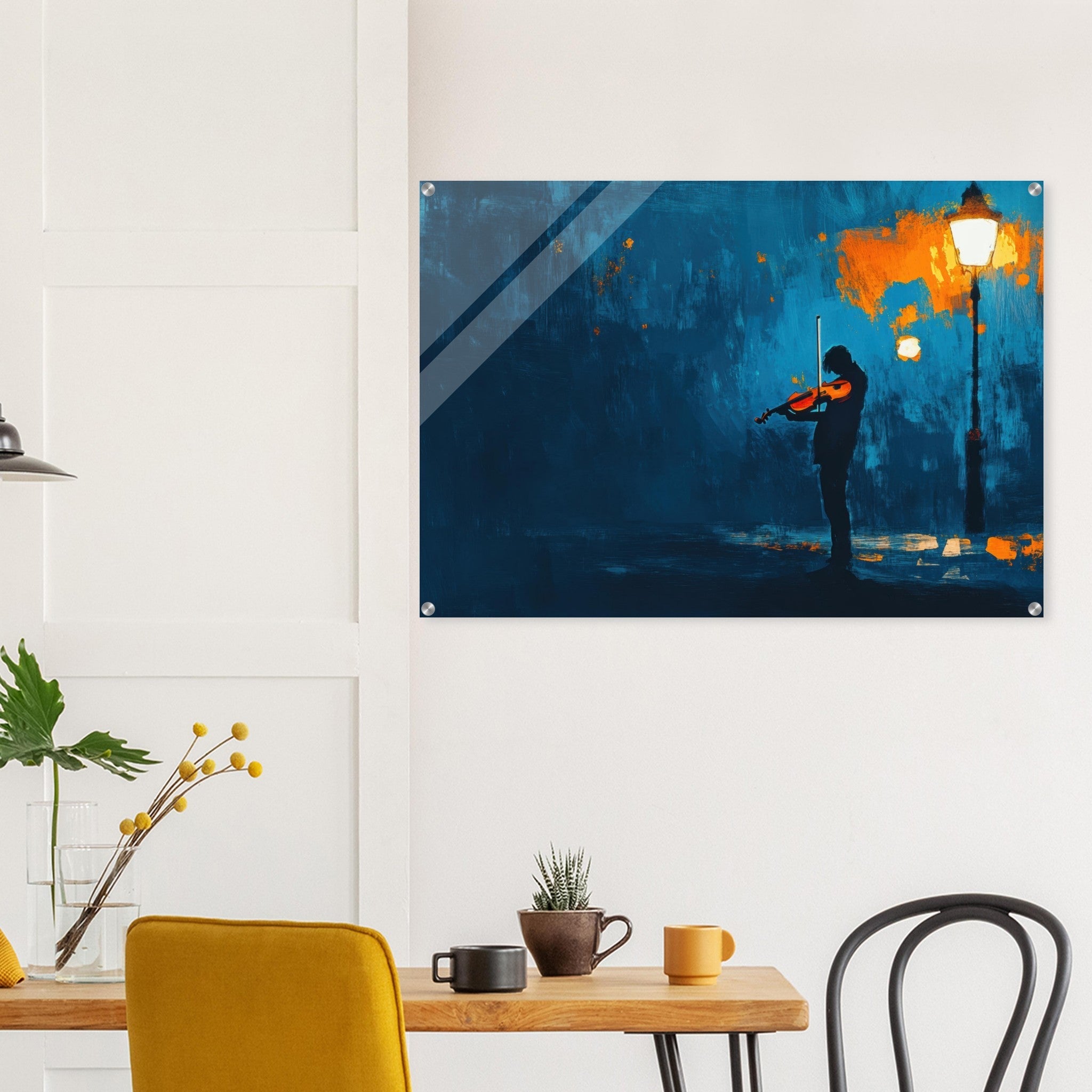 Acrylic Print Landscape - A lone violinist stands beneath a flickering sir 2 - Ai Art Force